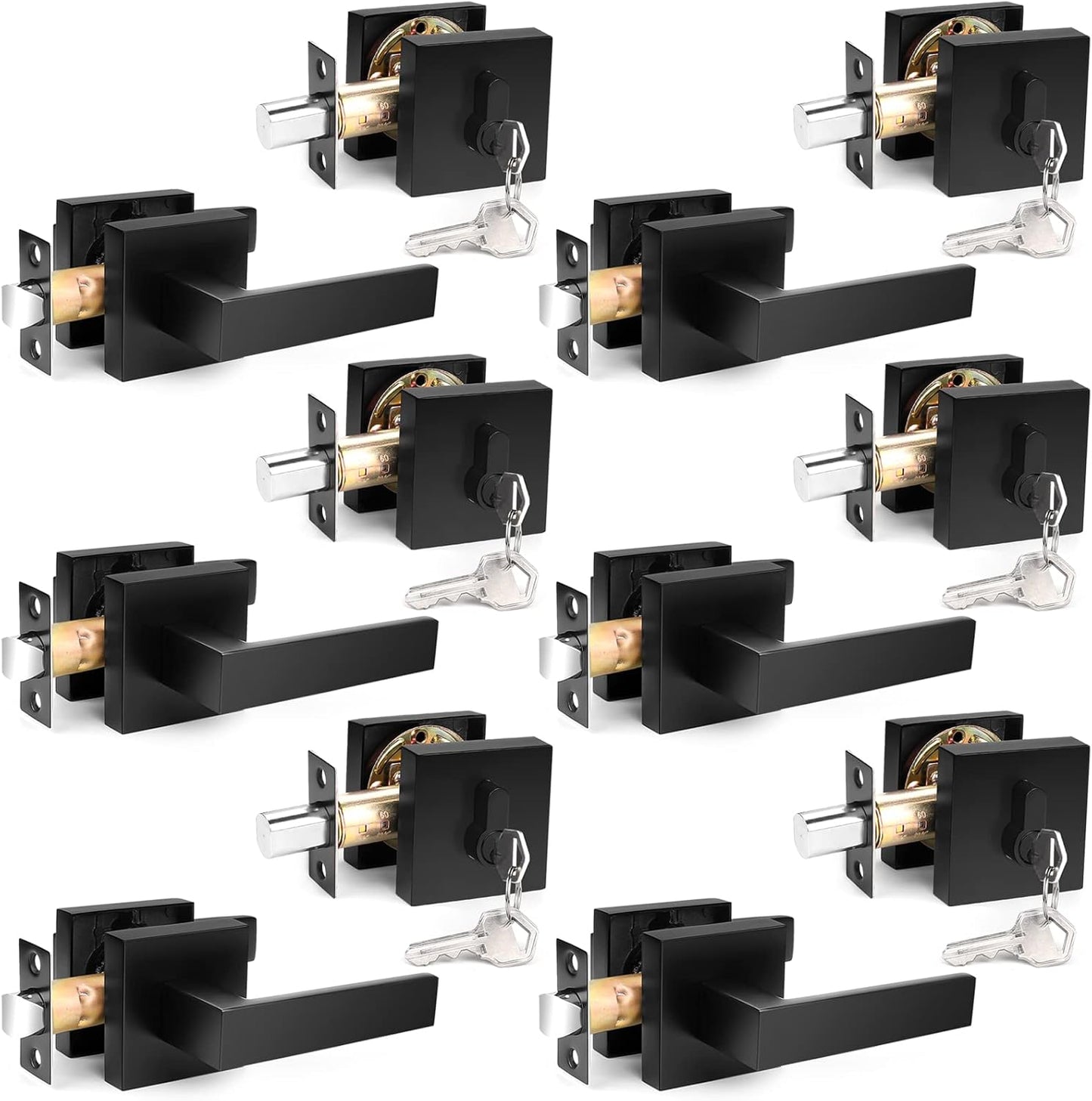 Probrico Flat Black Passage Door Lever and Deadbolts Combo Pack