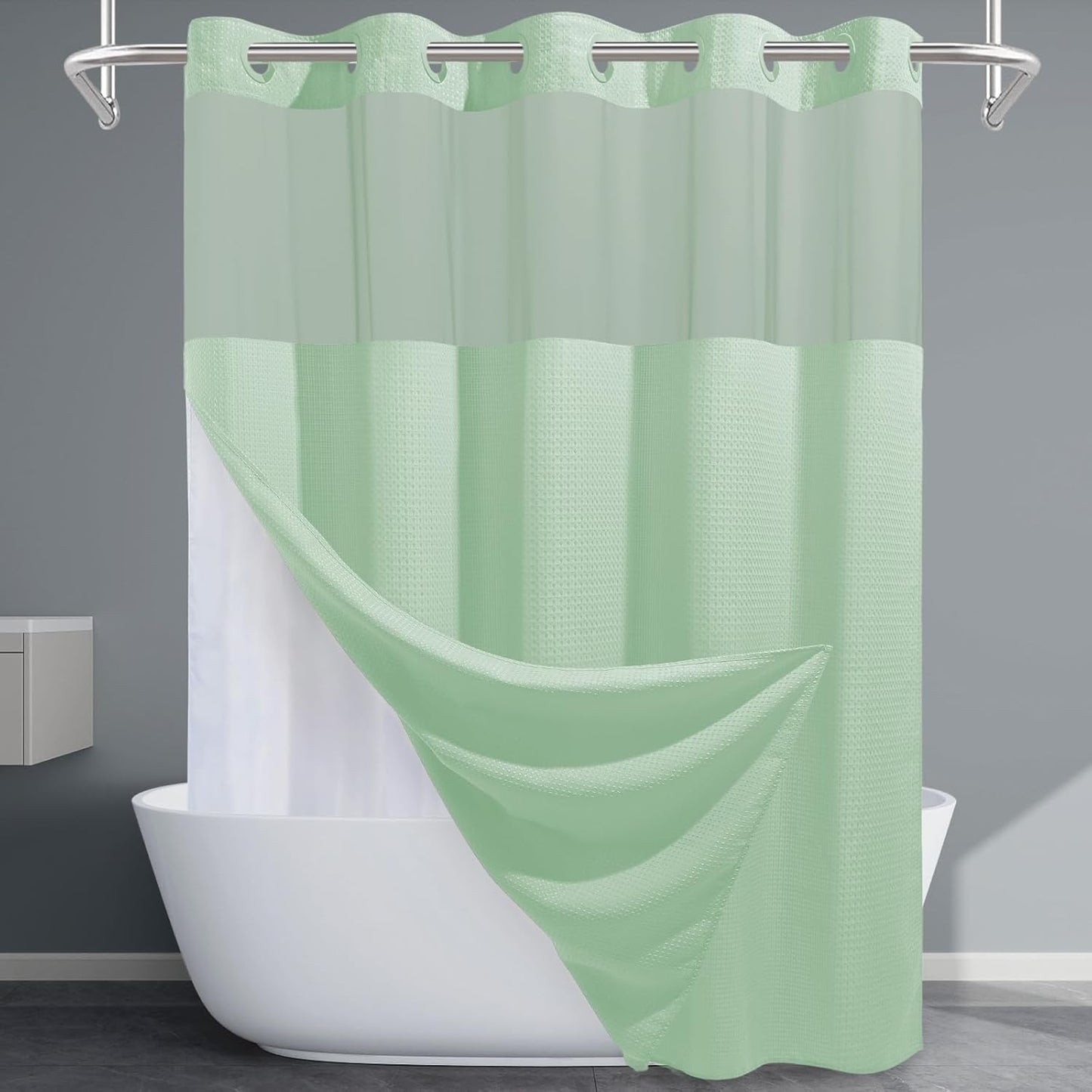 Mint Green No Hook Shower Curtain with Snap in Liner for Elegance