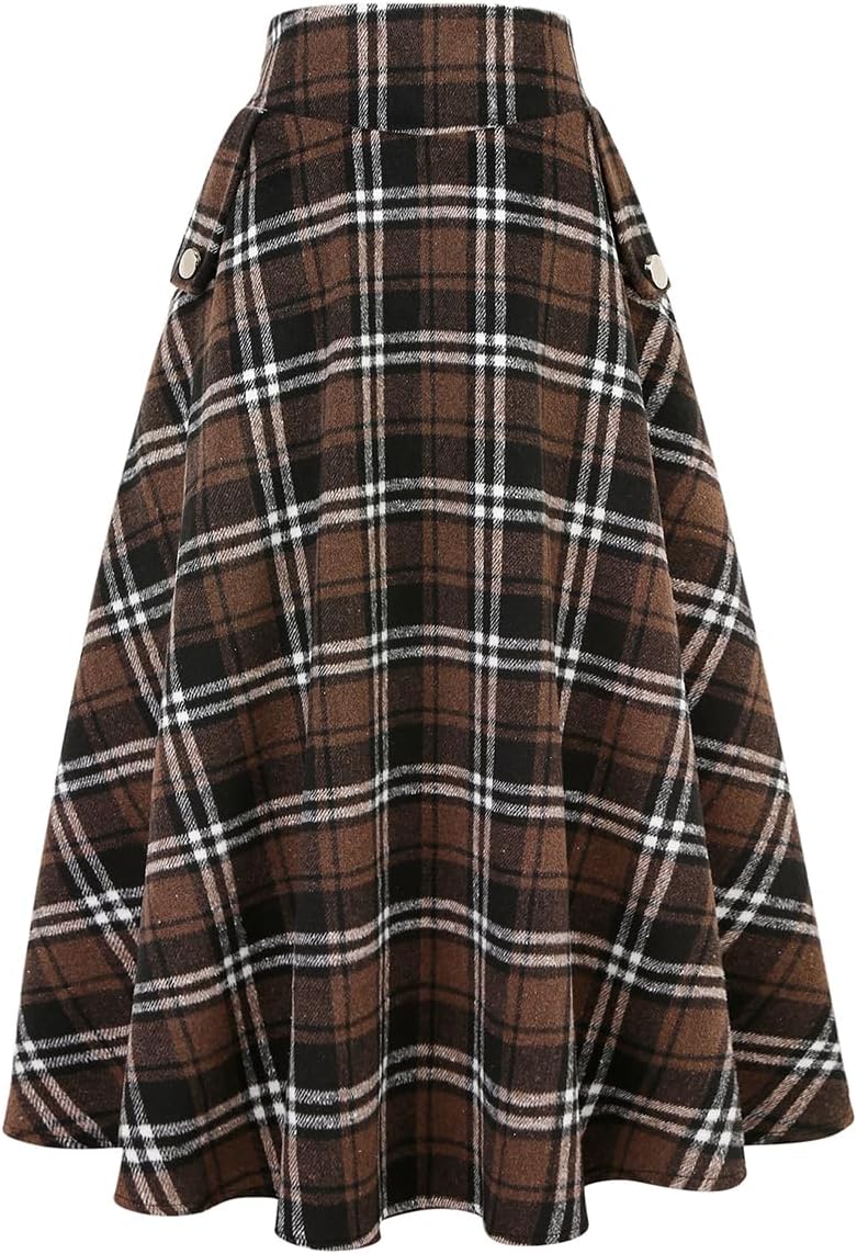 IDEALSANXUN Womens High Waisted Wool Plaid A-line Long Skirt