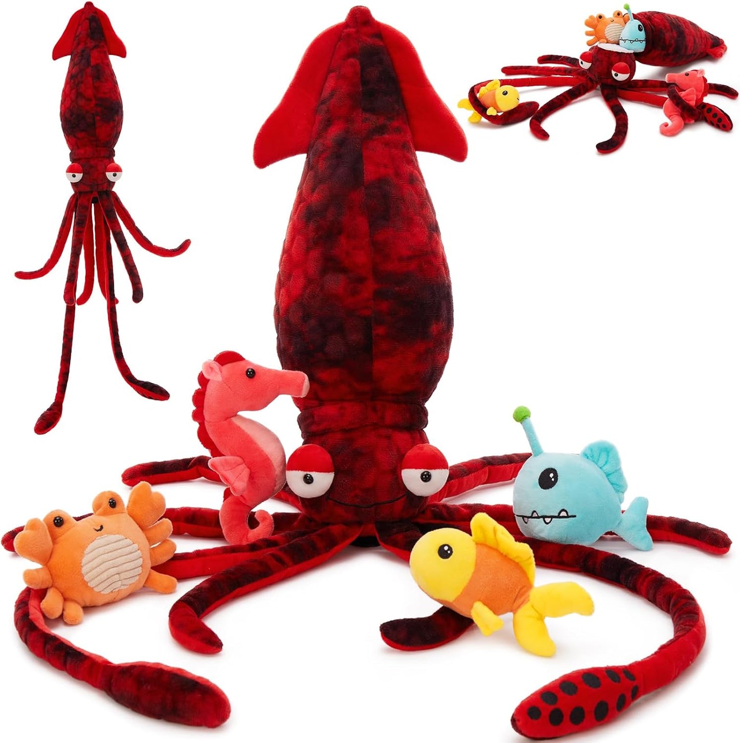 Giant Squid Stuffed Animal Set with 4 Marine Plush Toys