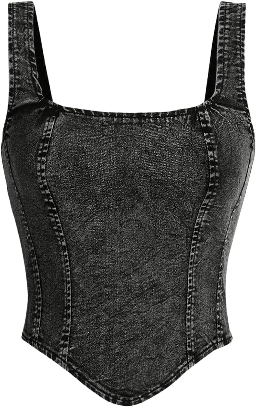 WDIRARA Women's Denim Corset Tank Top with Asymmetrical Hem