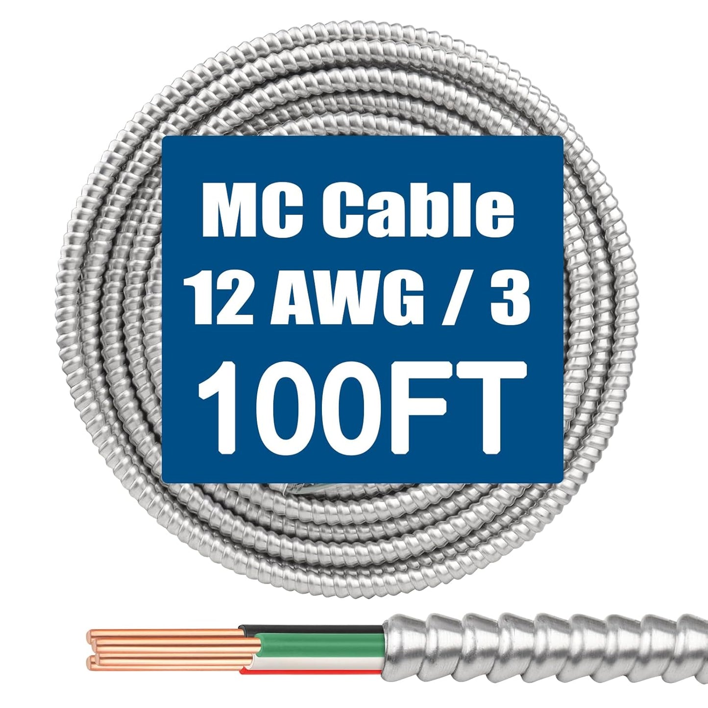 12/3 MC Cable with Ground - 100FT Pure Copper 12AWG/3 Wire