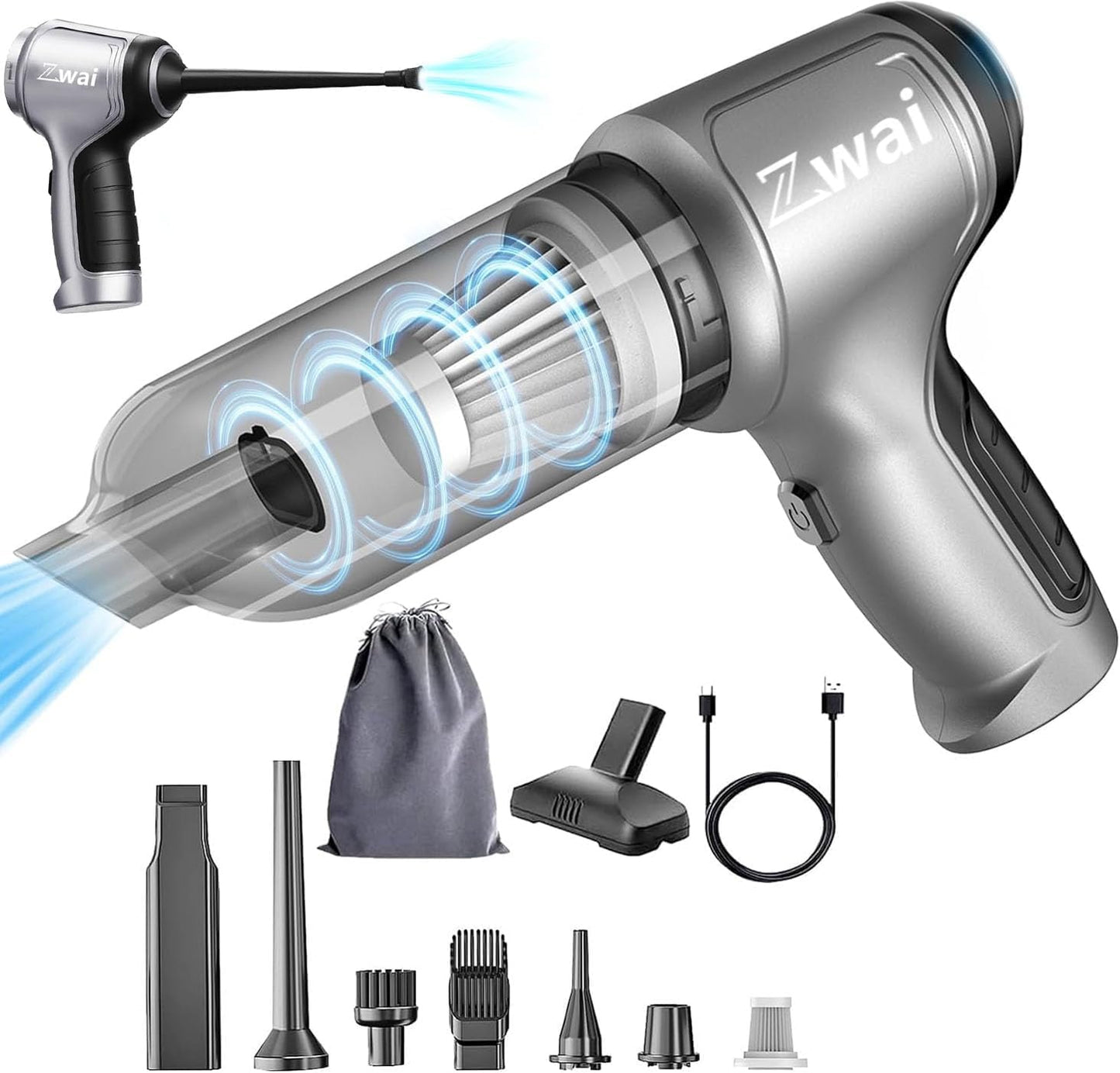 Zwai Cordless Car Vacuum: 15000PA Suction Power