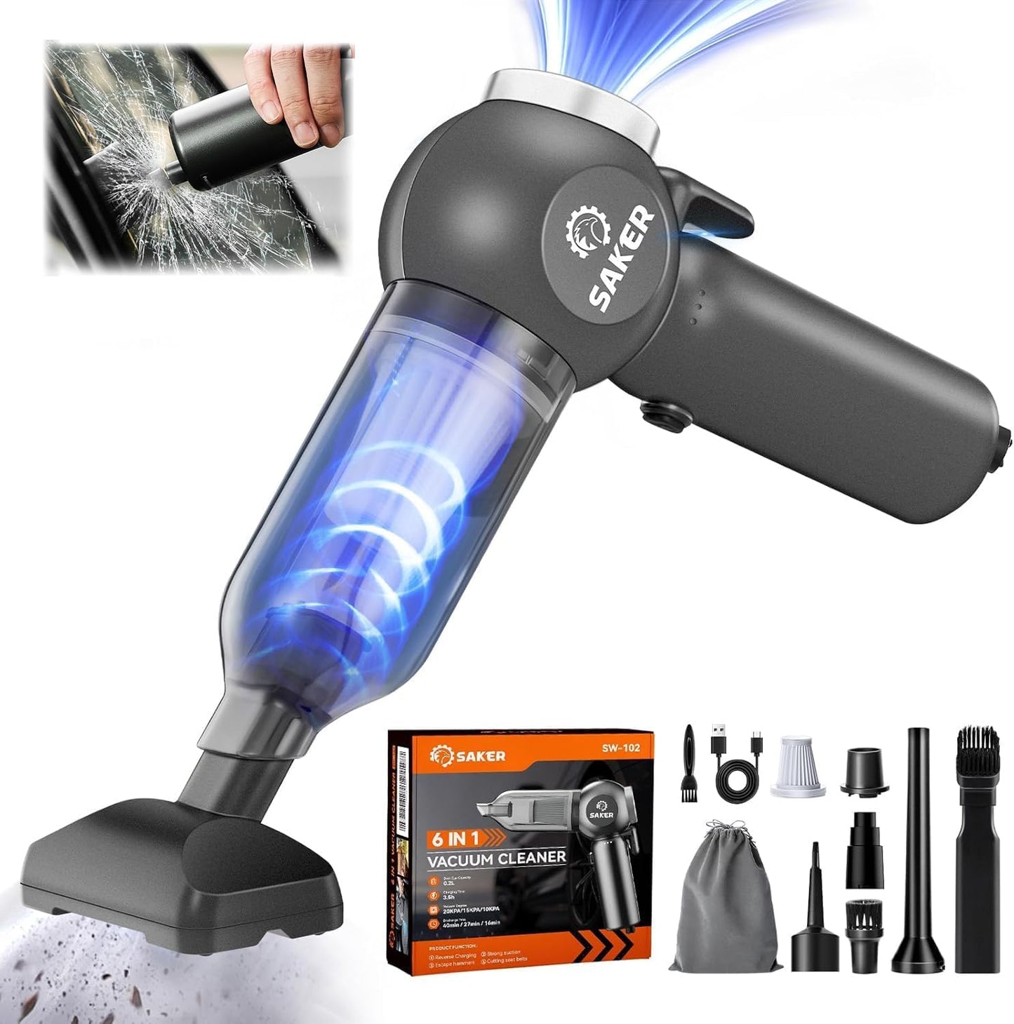 Saker 6-in-1 Cordless Car Vacuum - Powerful 20000PA for Car, Home & Office