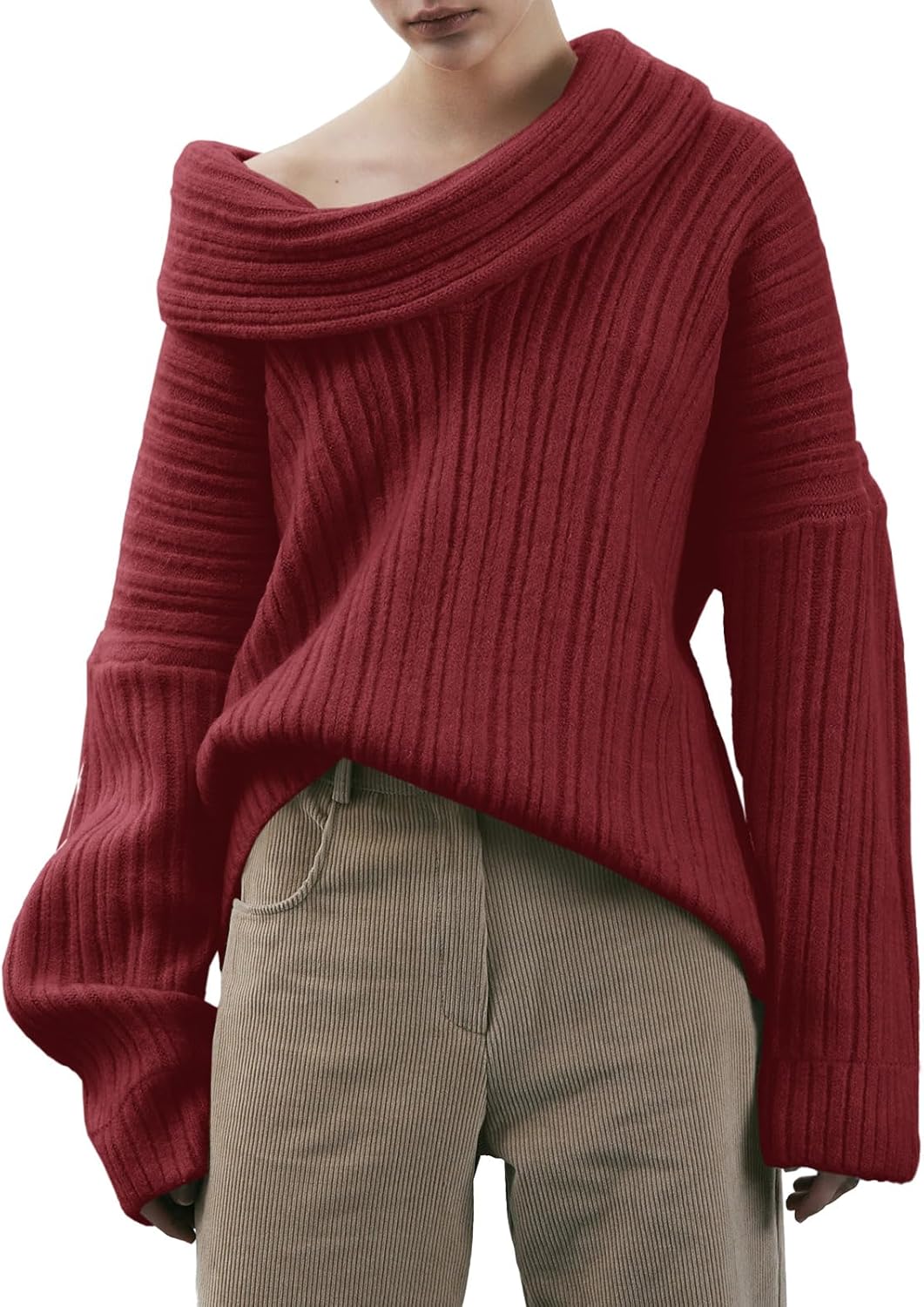 Off The Shoulder Sweater Top for Women - Casual Oversized Knit
