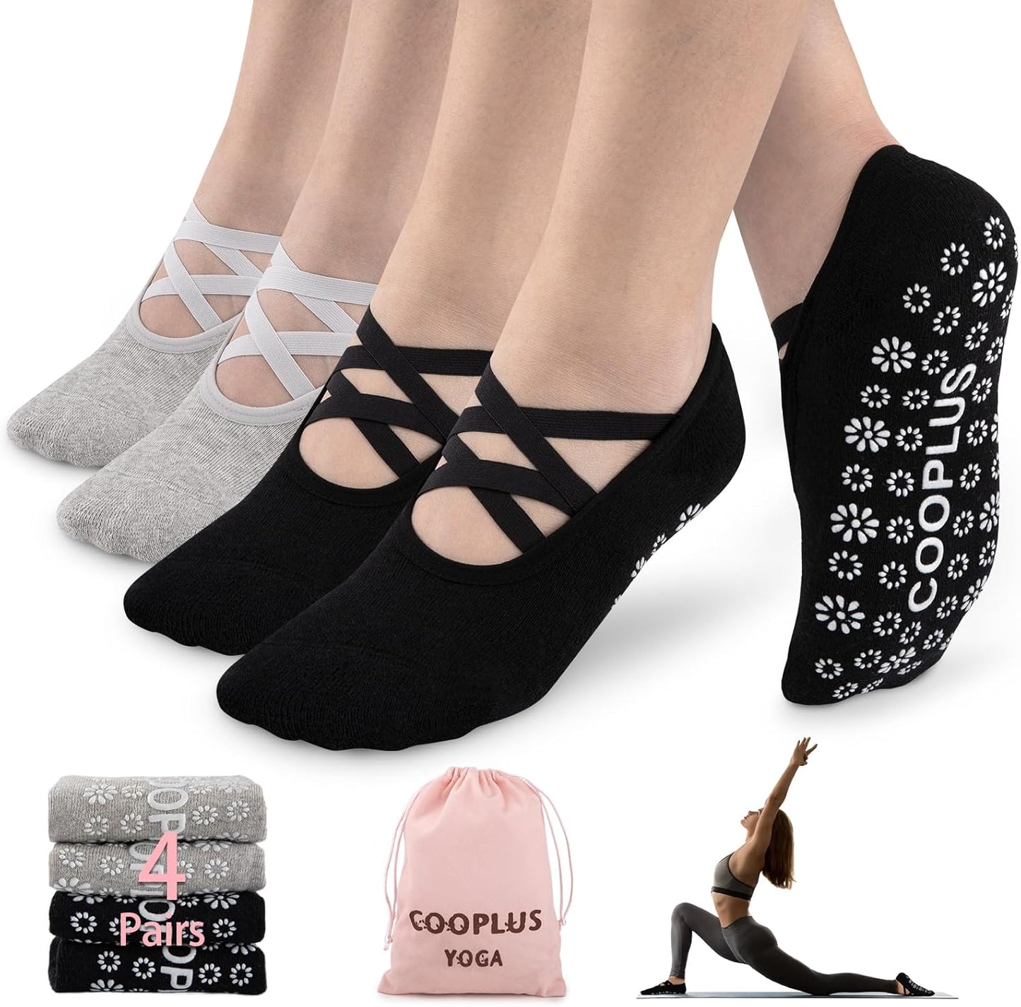 Non Slip Yoga Socks for Women - Grip for Pure Barre (4 Pairs)