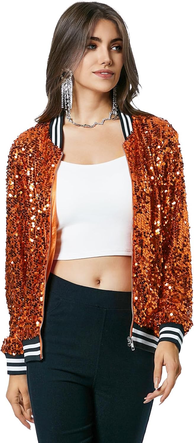 Womens Long Sleeve Sequin Open Front Zipper Jacket for Style