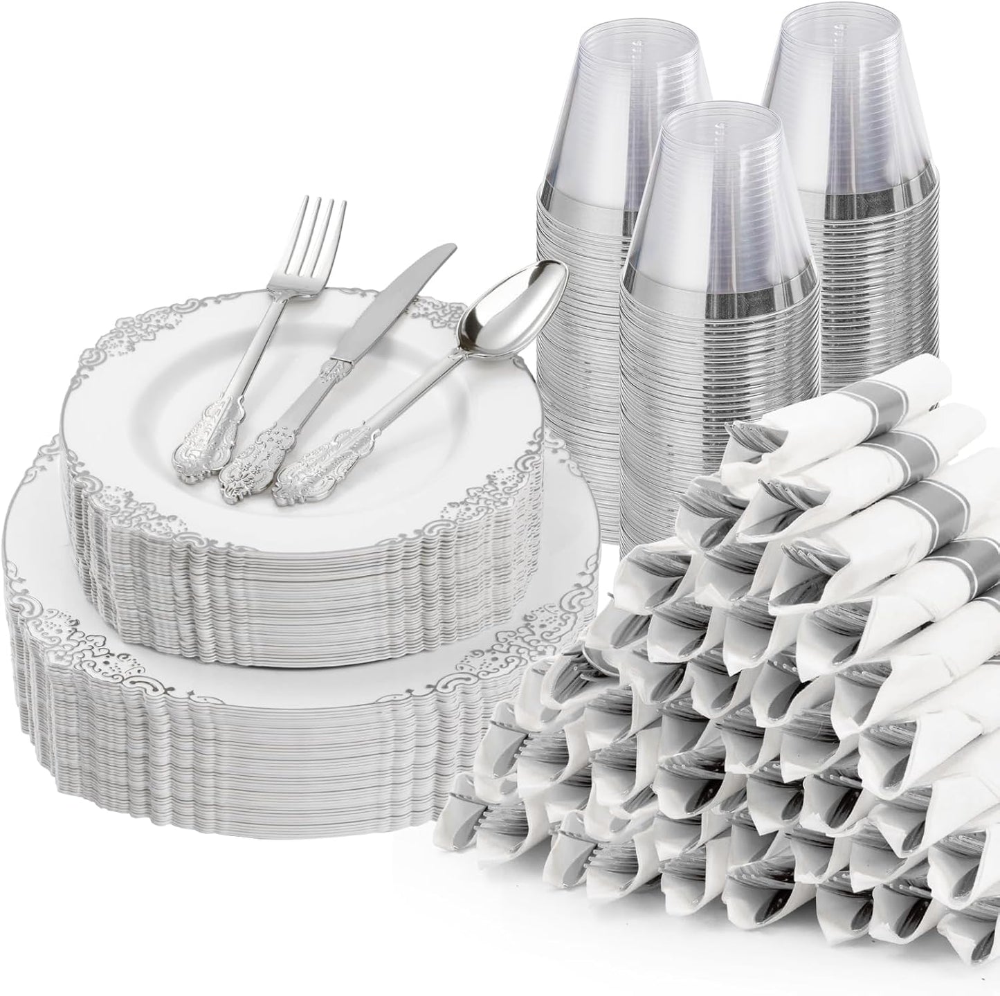 350PCS Silver Plastic Plates for 50 Guests - Elegant Dinnerware