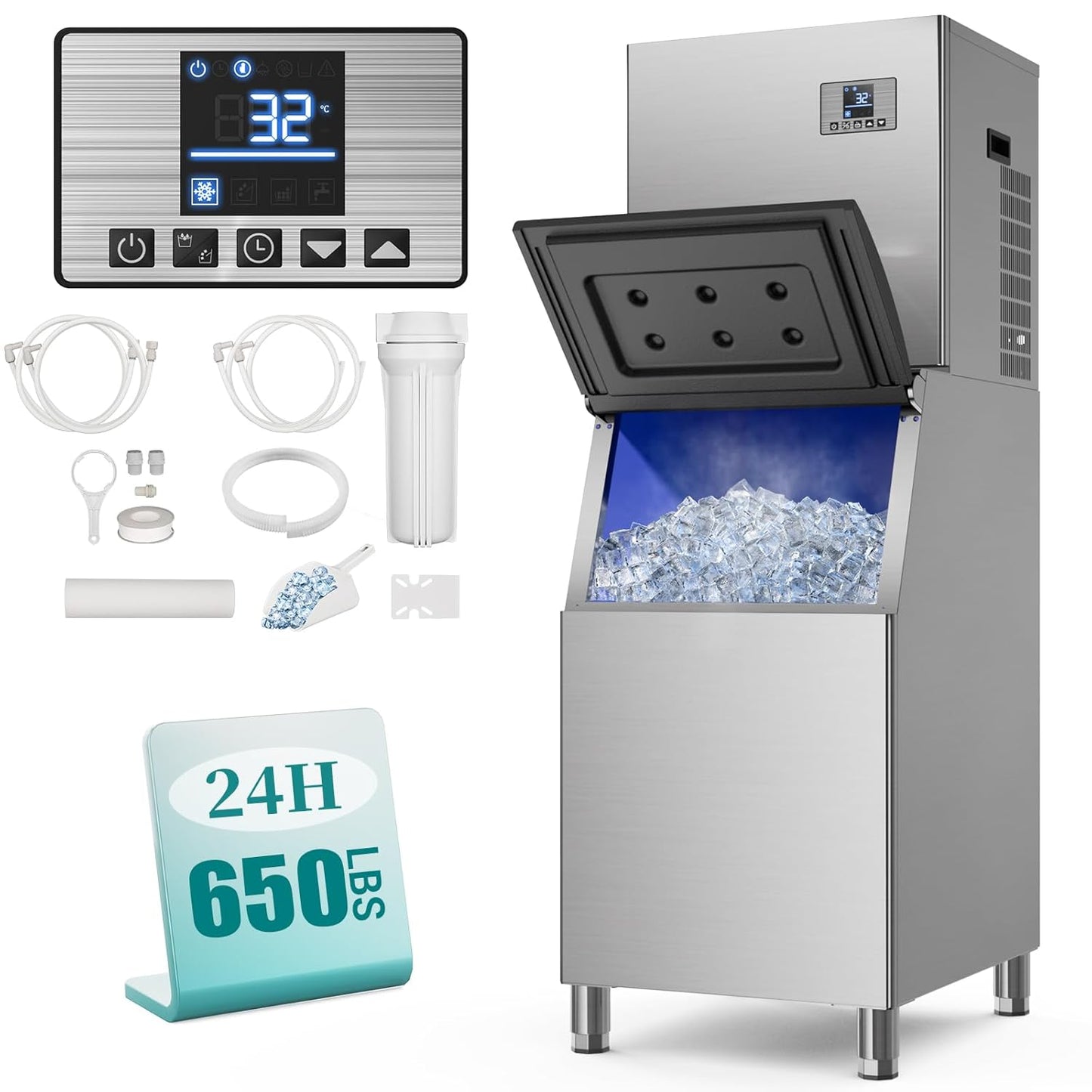 Commercial Ice Maker Machine with 650LBS Daily Output and Storage