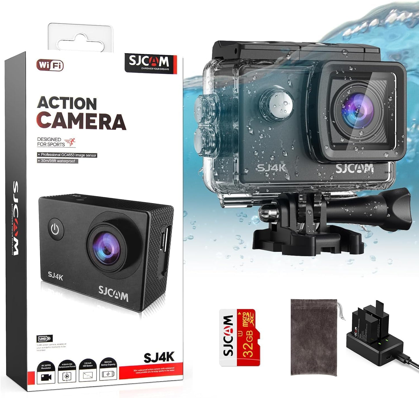 4K Waterproof Action Camera Bundle - Dual Batteries & Helmet Mount