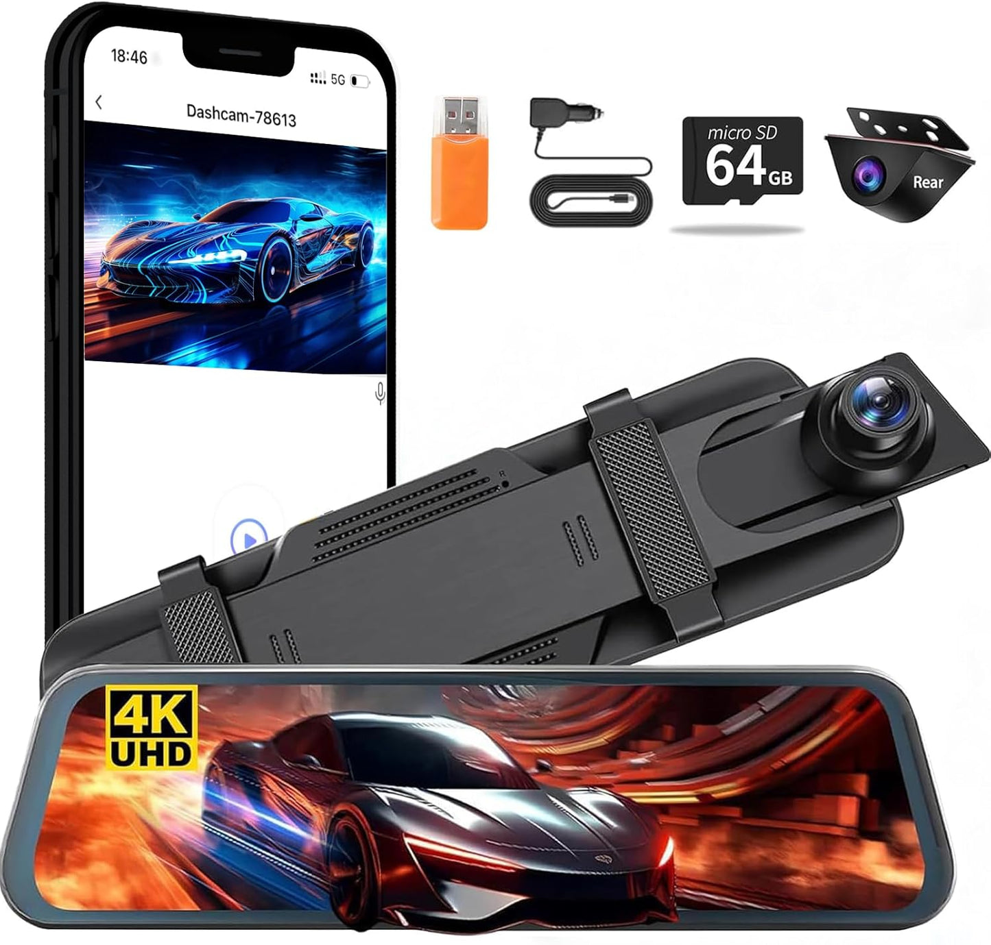 Mirror Dual Dash Camera with 4K Front and 1080P Rear View
