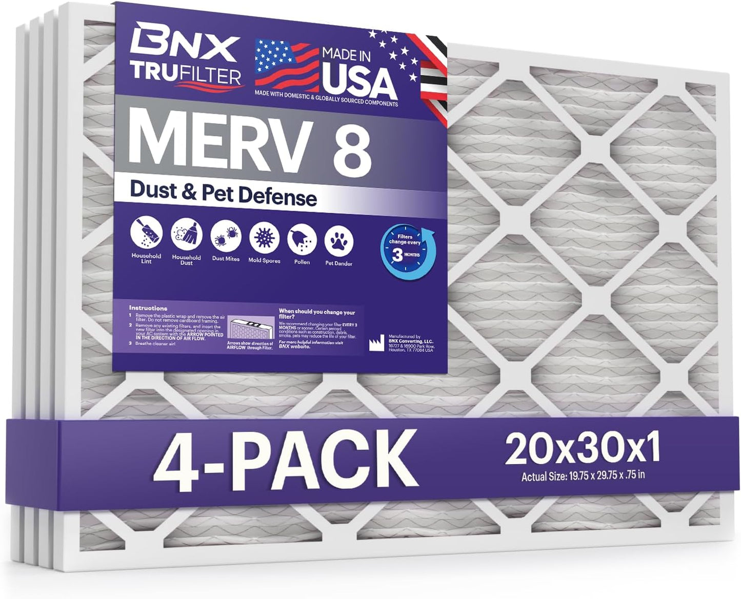 BNX TruFilter 20x30x1 Air Filter MERV 8 for Dust & Pet Defense