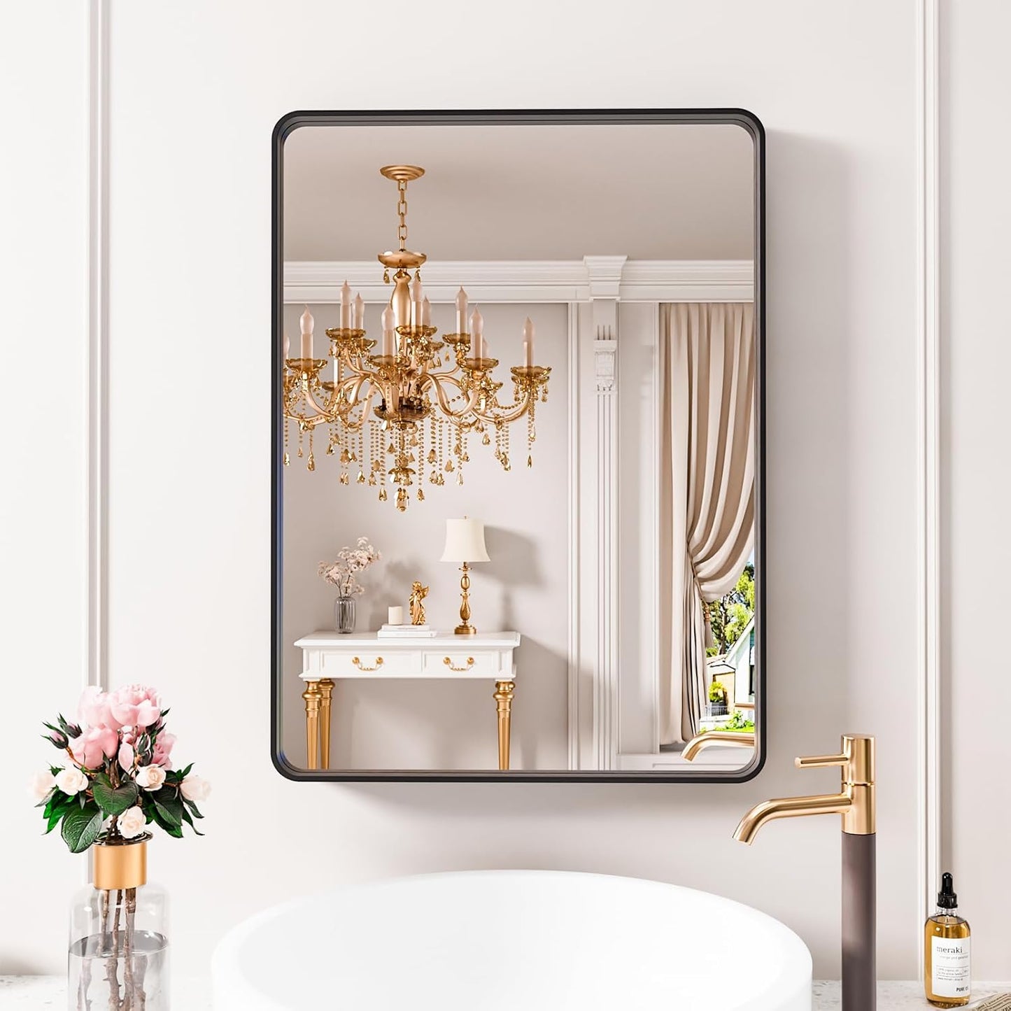 Black Bathroom Mirror 22X30 Inch with Rounded Rectangle Design