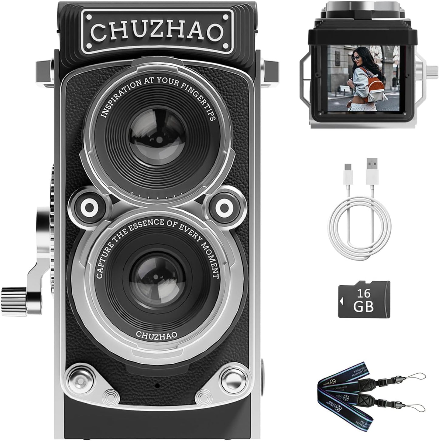 Retro-Style Mini Camera, 1080P Autofocus, 16GB Card - Fanten