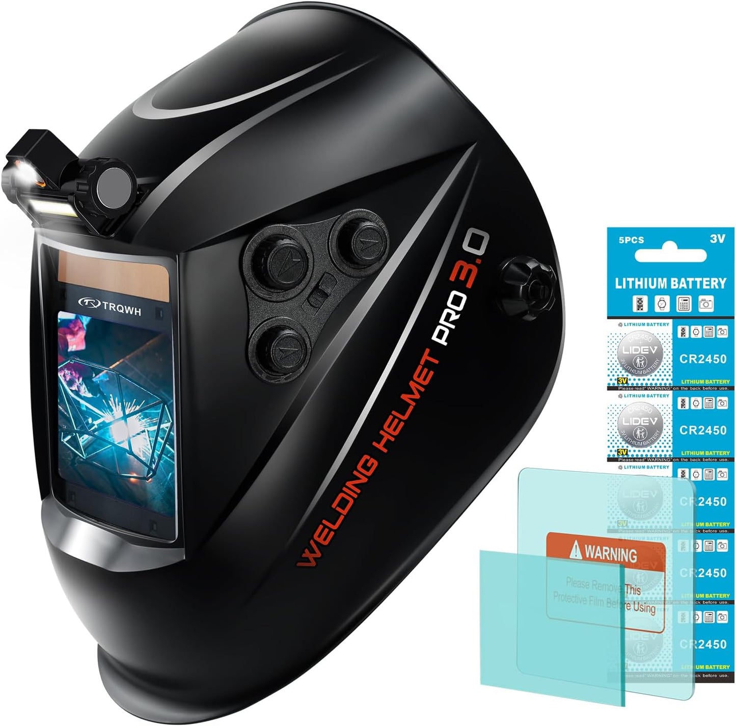 True Color Auto Darkening Welding Helmet - Wide View, LED Light, Solar Powered