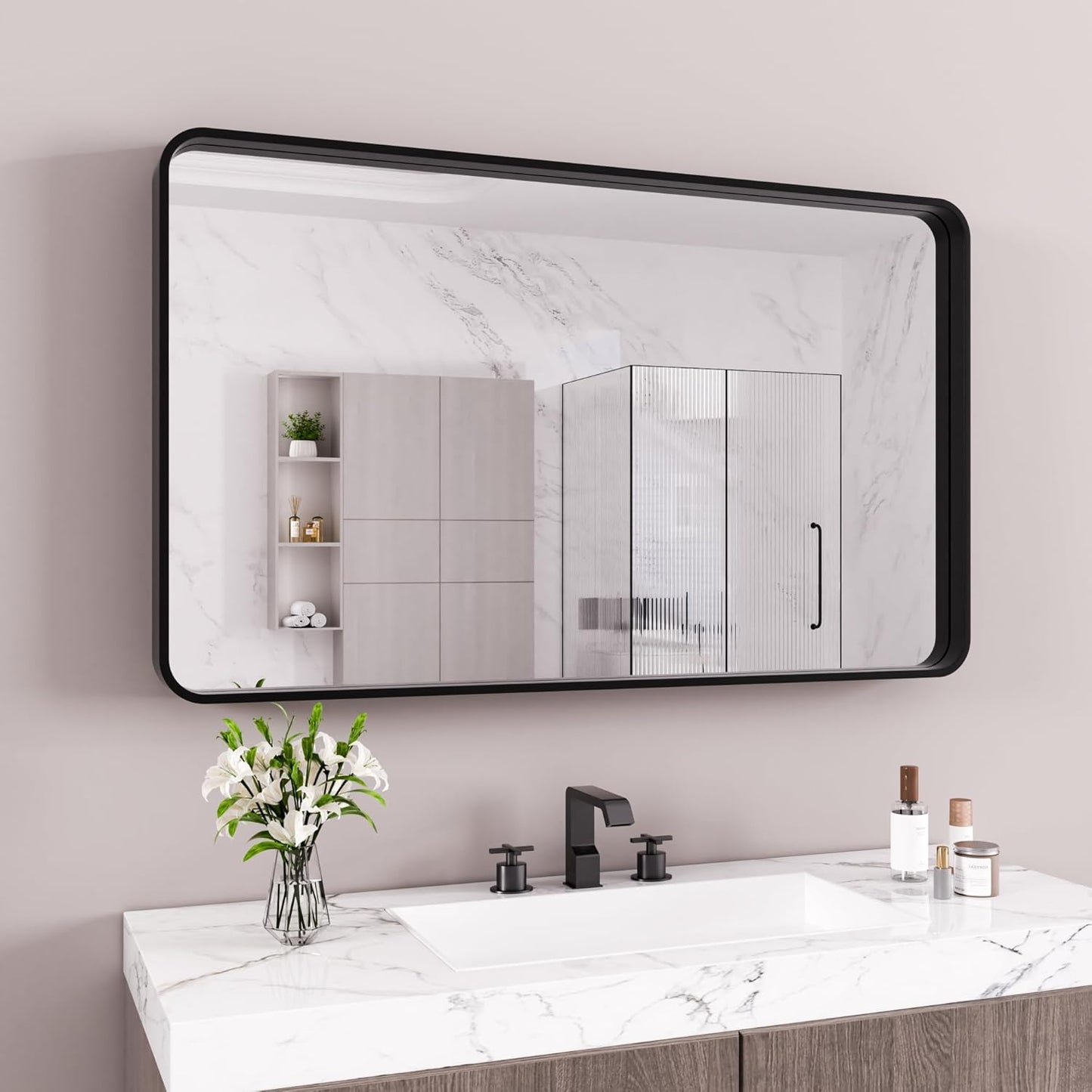 Black Bathroom Mirror 60X28 Inch with Rounded Rectangle Design