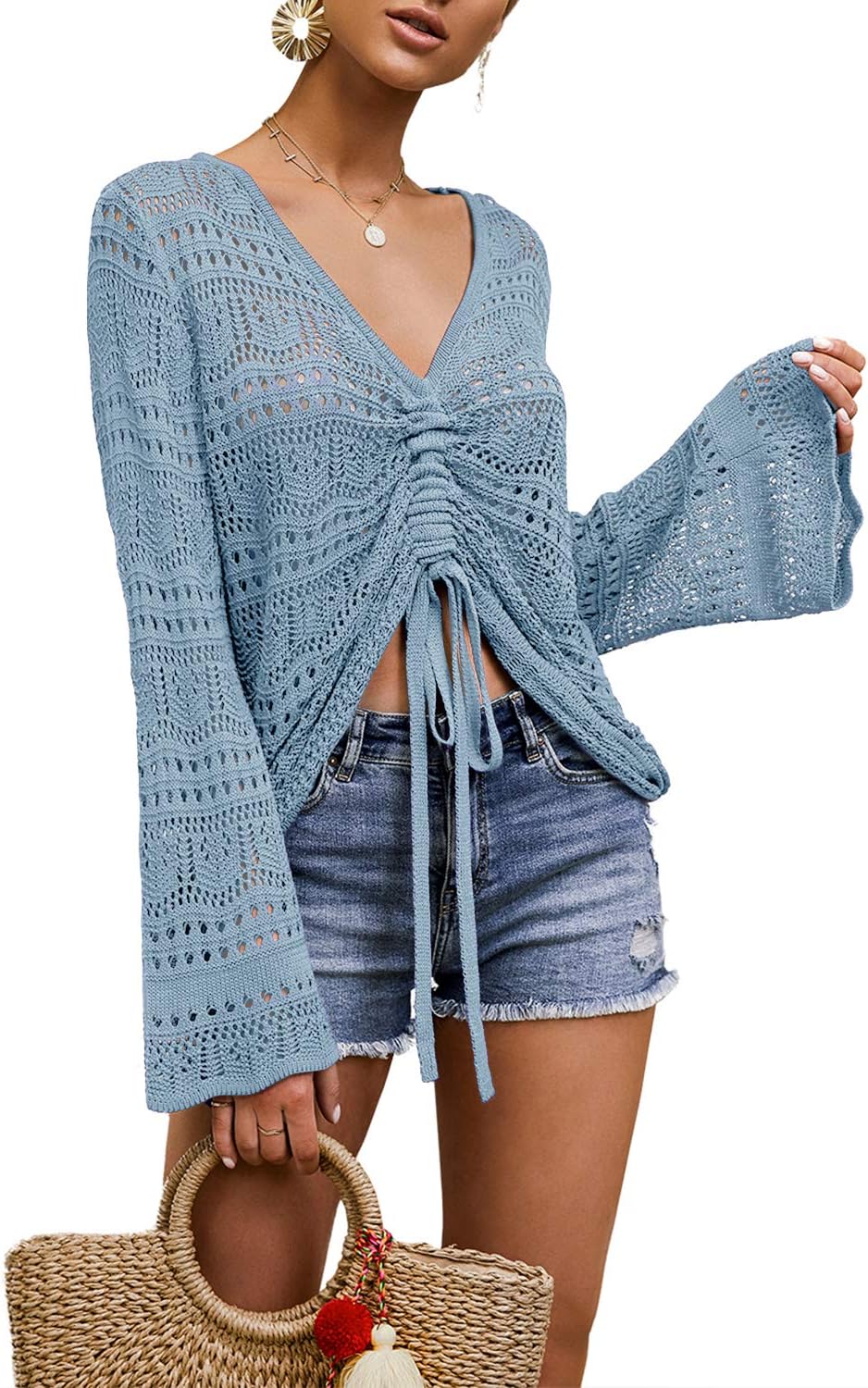 FERBIA Women Crochet Top Beach Cloth Drawstring Shirt Cover Up