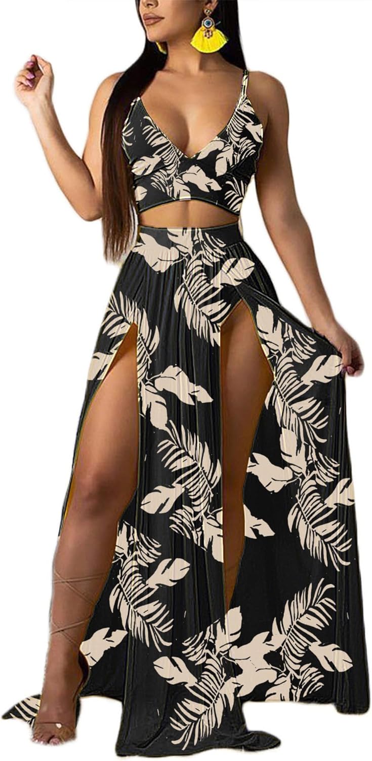 Women Sexy 2 Piece Outfits Dress Chiffon High Split Maxi Set