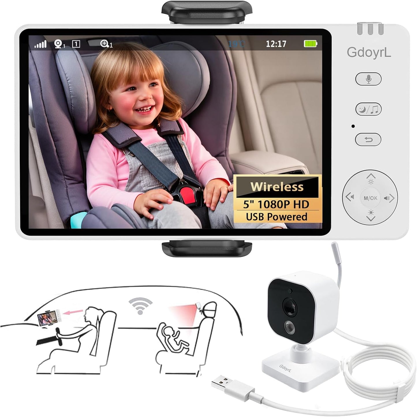 Wireless Baby Car Camera Monitor with 5in HD 1080P Display