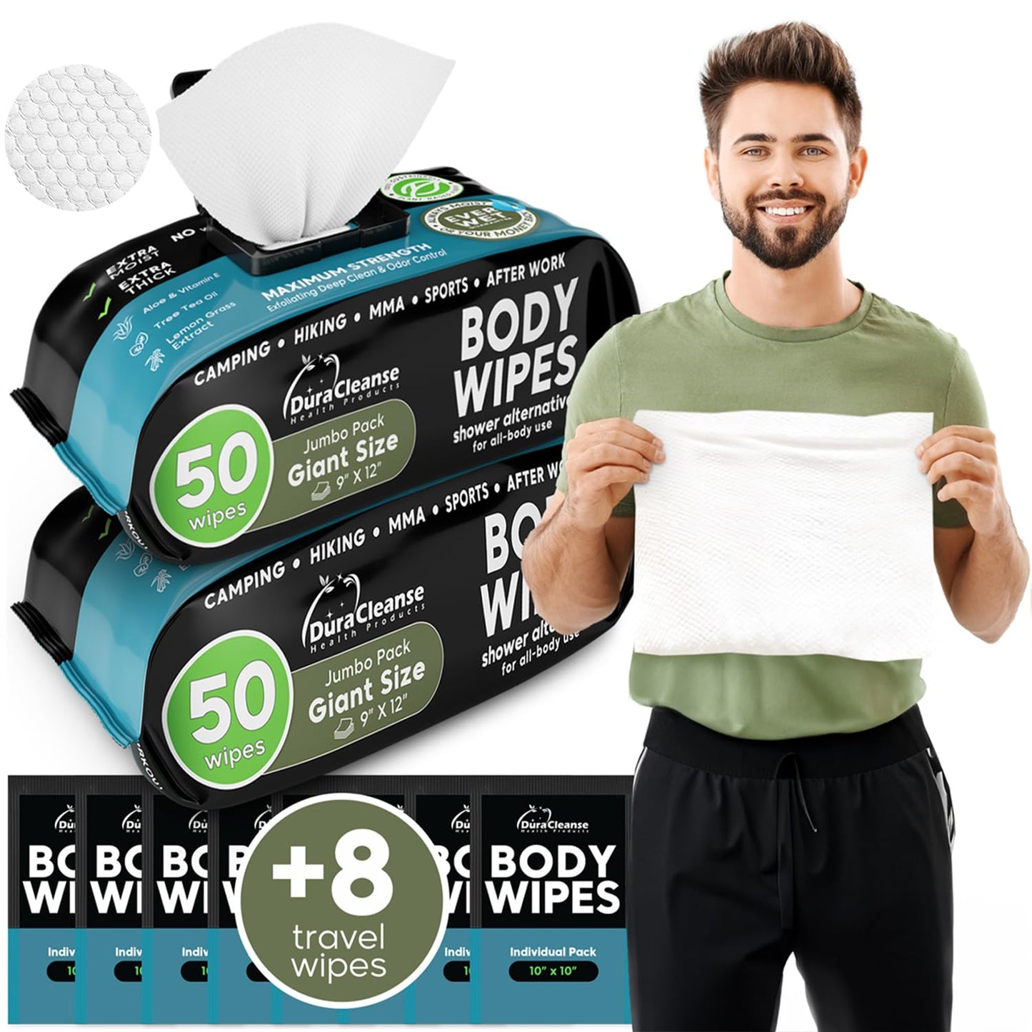 Duracleanse: XL Body Wipes 2pk - After Gym & Travel - Men's Deodorant Face Wipes