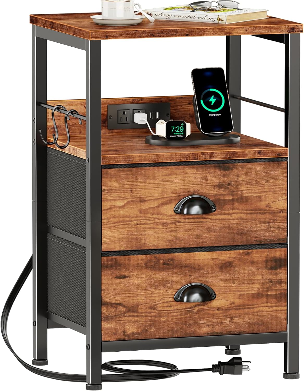 Furologee End Table with Charging Station and Fabric Drawers