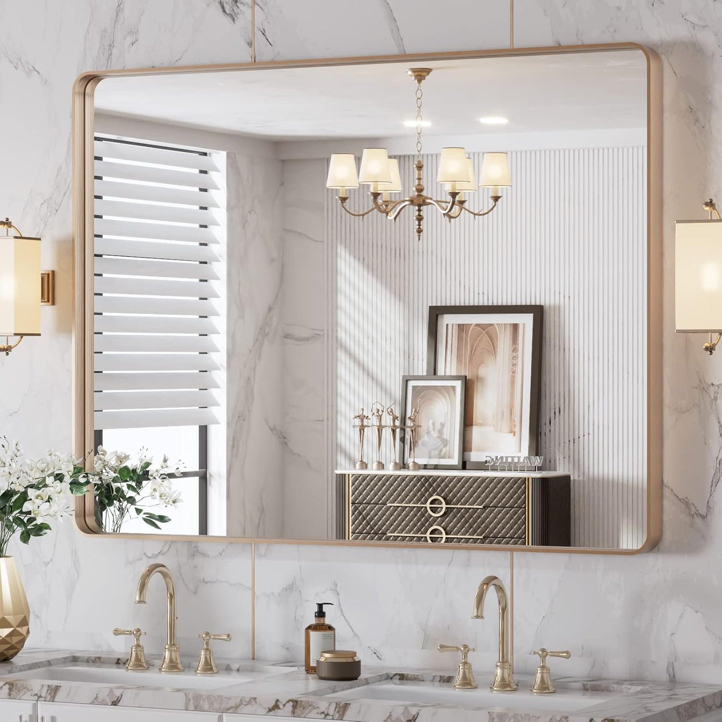 LOAAO 40X30 Gold Bathroom Mirror with Rounded Rectangle Frame