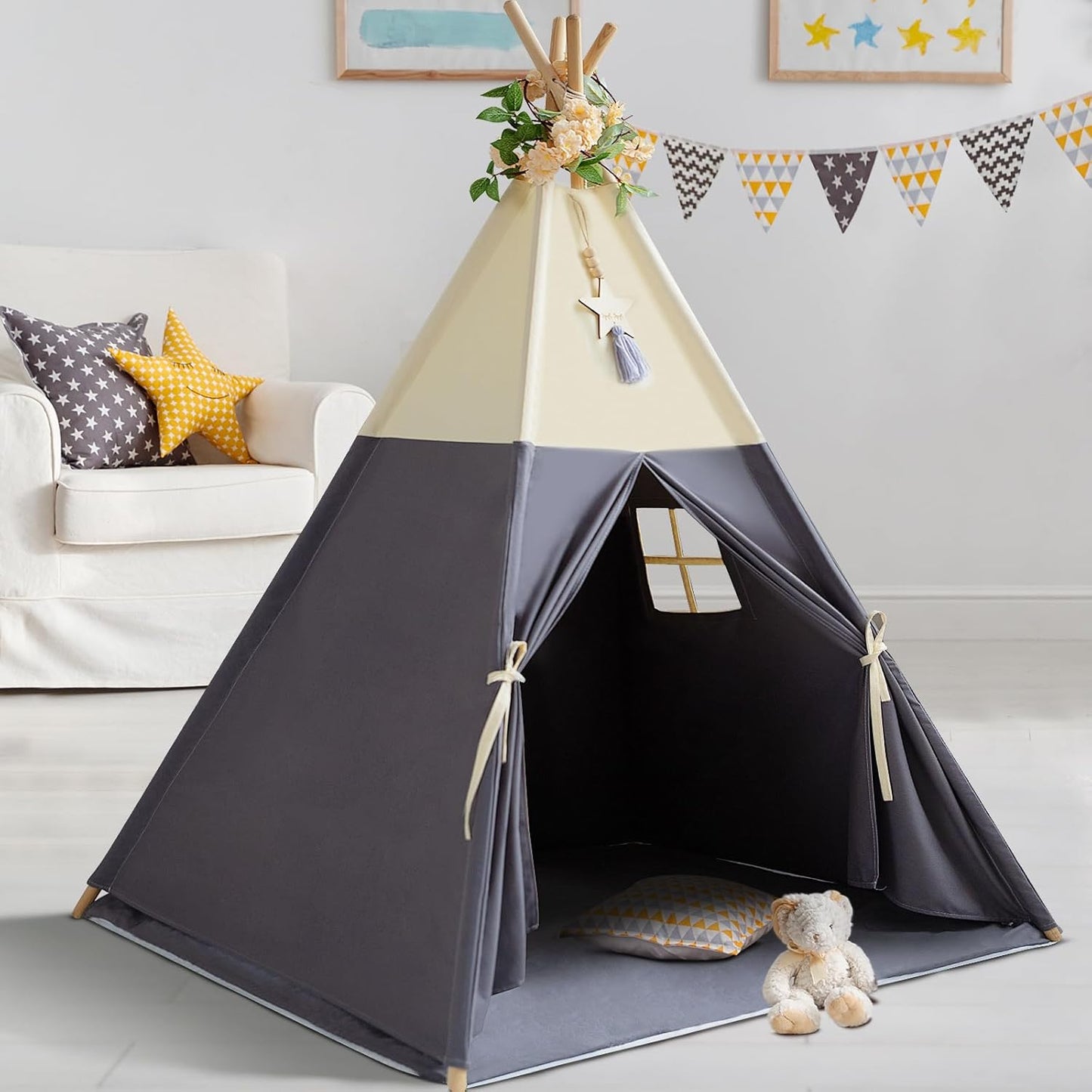 Premium Cotton Teepee Tent with Mat - Portable Fun for Kids!