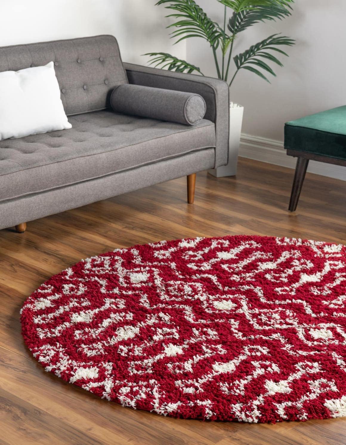 Moroccan Trellis Shag Collection Rug 5ft Round Burgundy Red