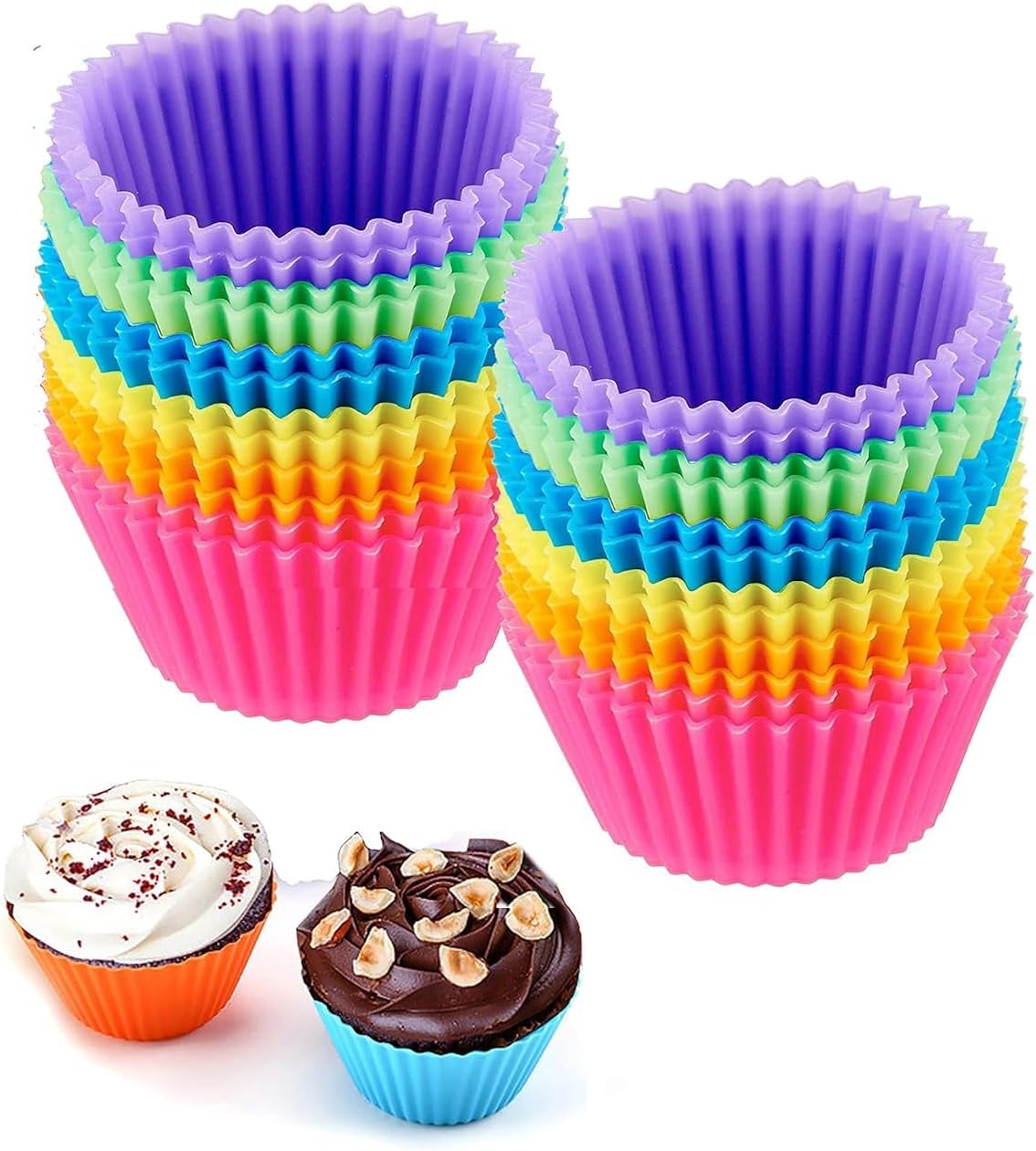 24 Pack Reusable Silicone Cupcake Baking Cups - Non-Stick & Multicolor