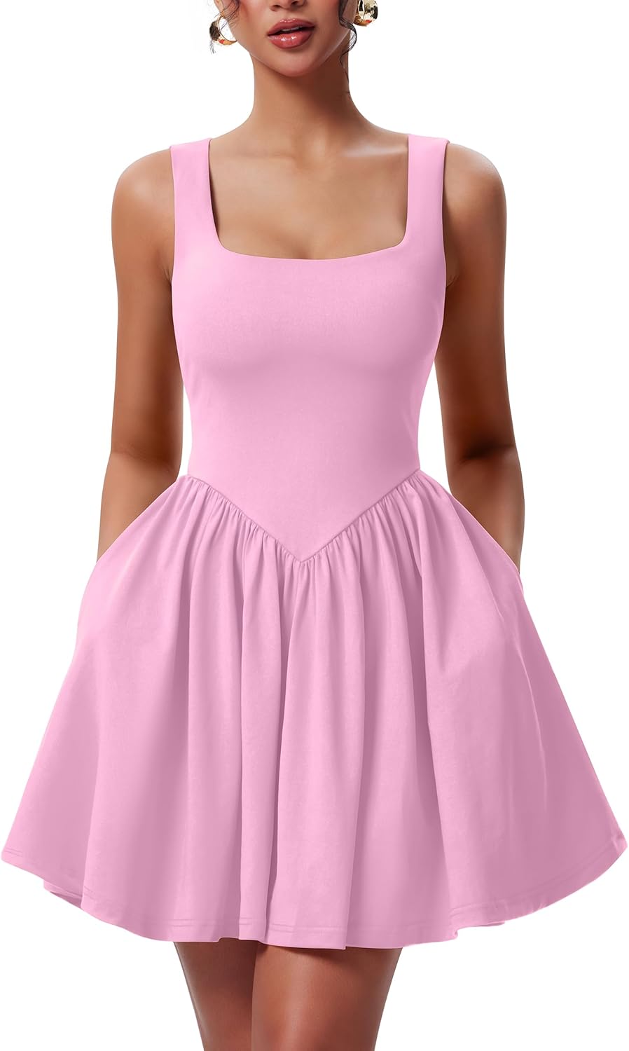 YMDUCH Women's Summer Sleeveless Square Neck Mini Tank Dress