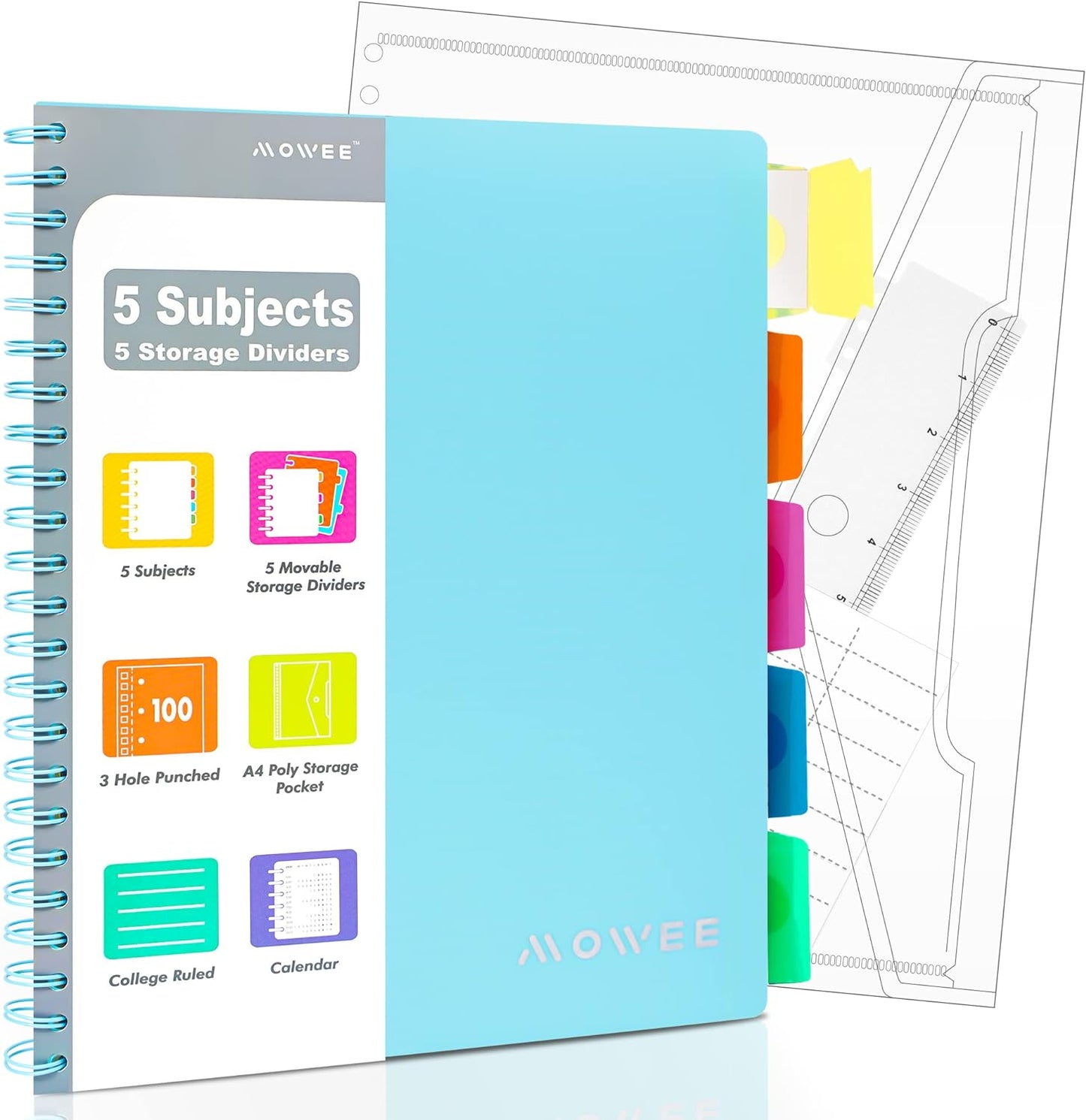 5-Subject Spiral Notebook w/ Dividers & Pockets - Ideal For Writing, Home, School - A4