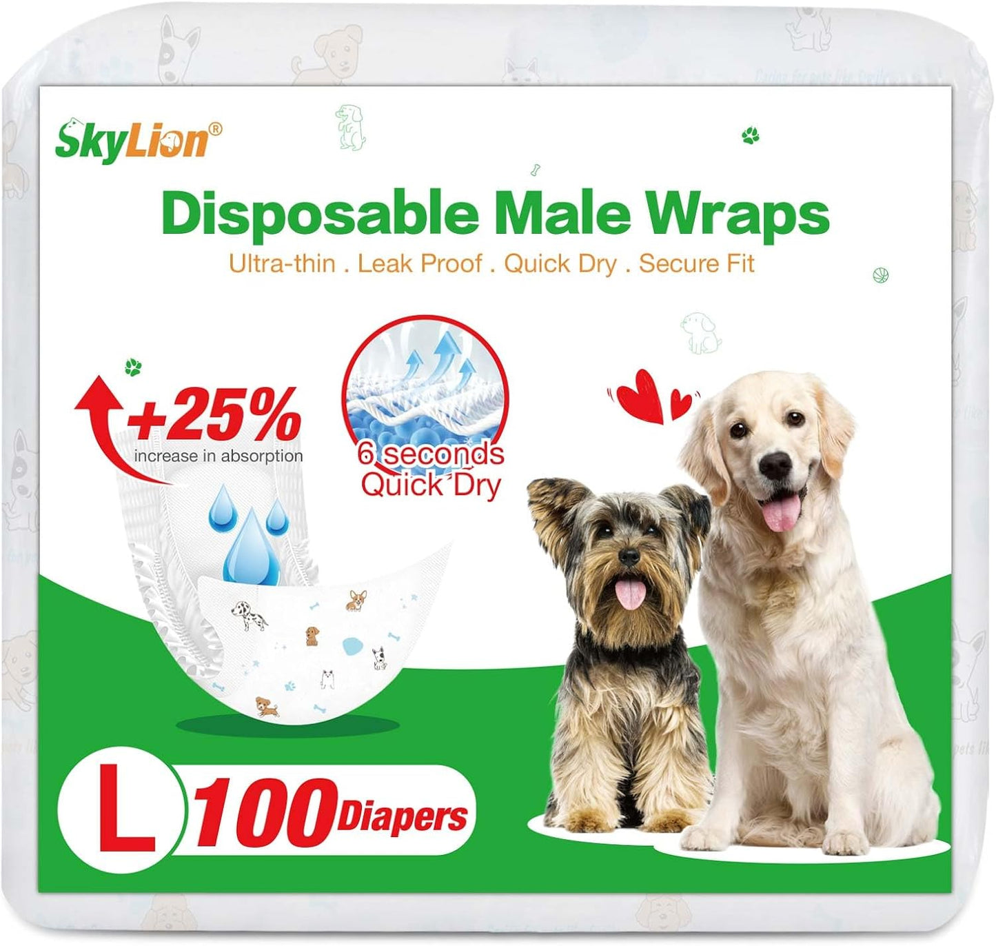 SkyLion Super Absorbent Male Dog Diapers - 100 Count