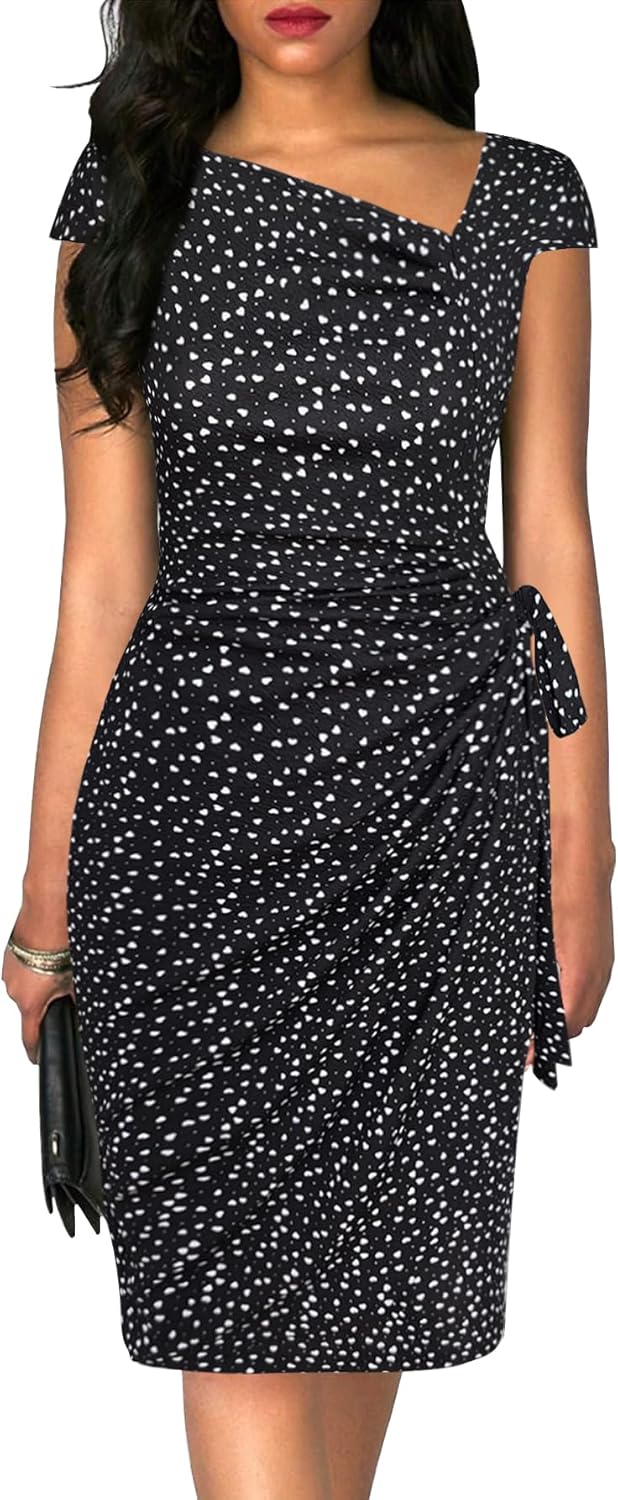 Women's Vintage Cap Sleeve Asymmetrical Neckline Bodycon Dress