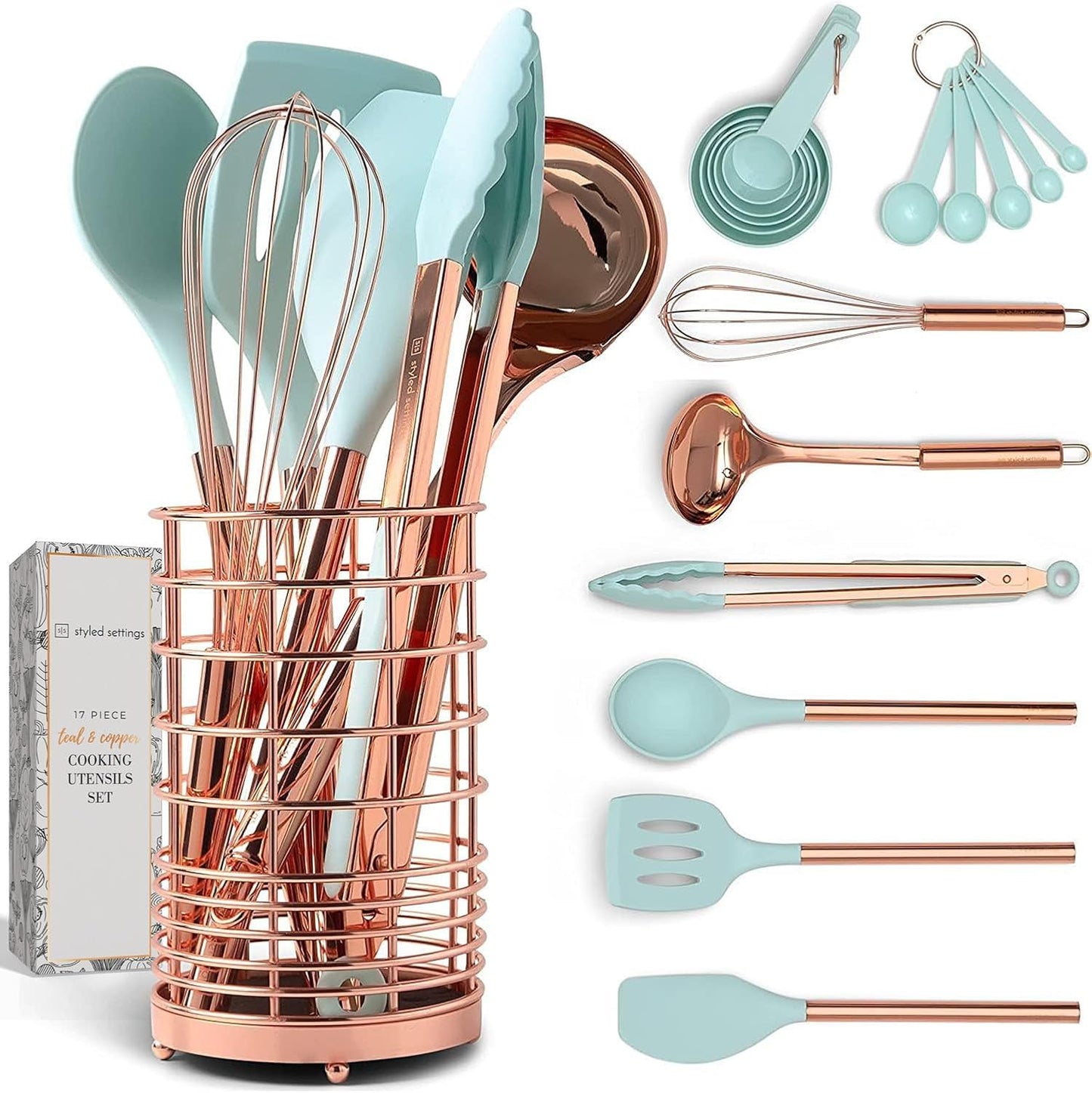 Copper and Teal Blue Kitchen Utensils Set - 17 Pieces for Style