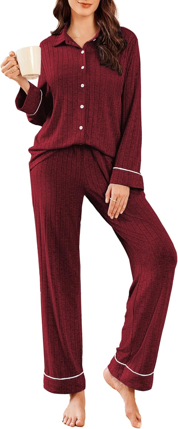 Ekouaer Womens Pajama Sets Soft Long Sleeve Ribbed Knit Pjs