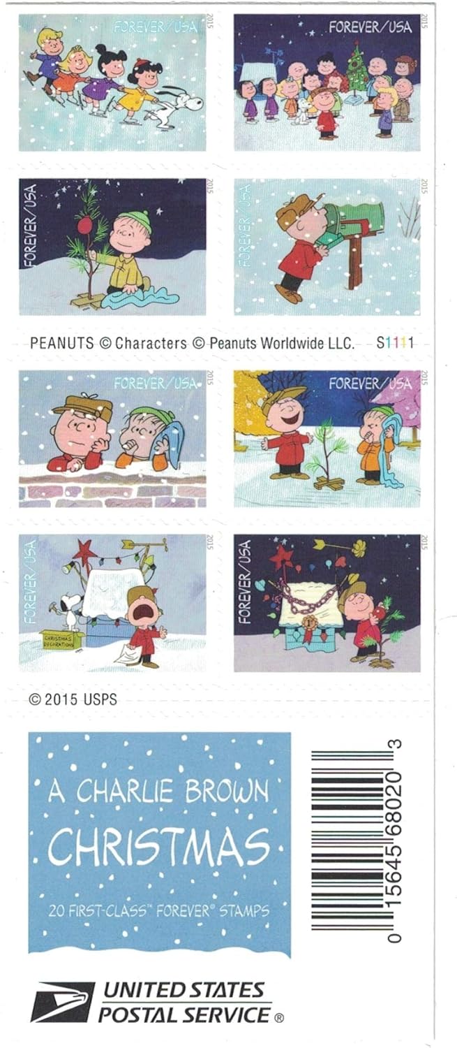 USPS Charlie Brown Xmas Pane of 20 Forever Postage Stamps