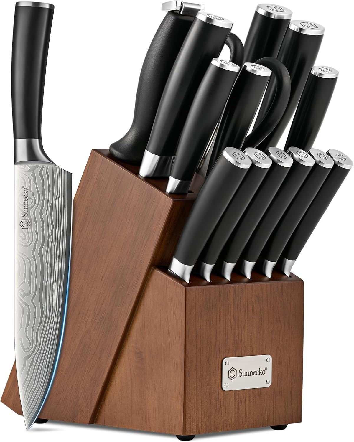 Sunnecko Knife Set with Block and Sharpener for Every Kitchen