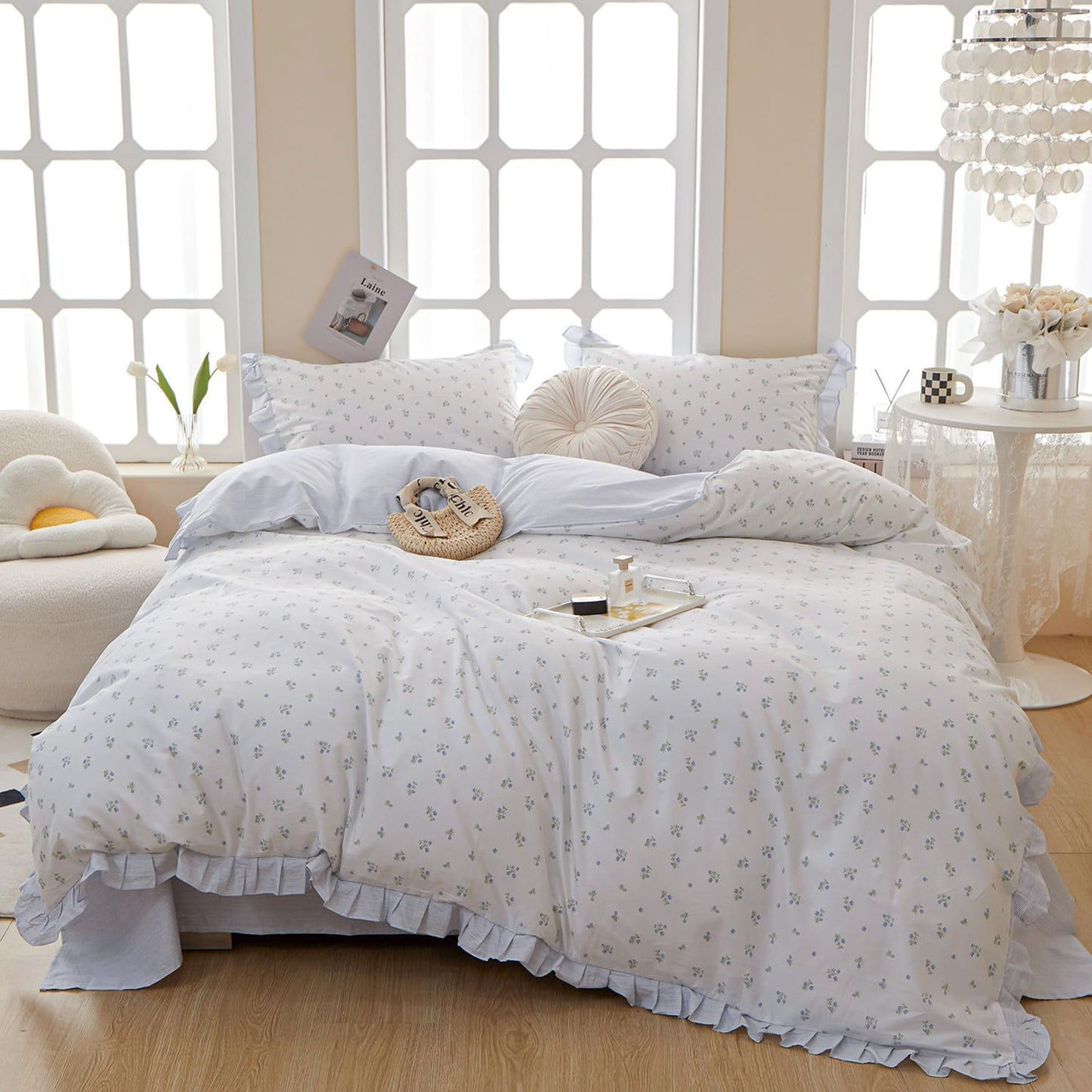 VM VOUGEMARKET Blue Flower Duvet Cover Set for Queen Beds