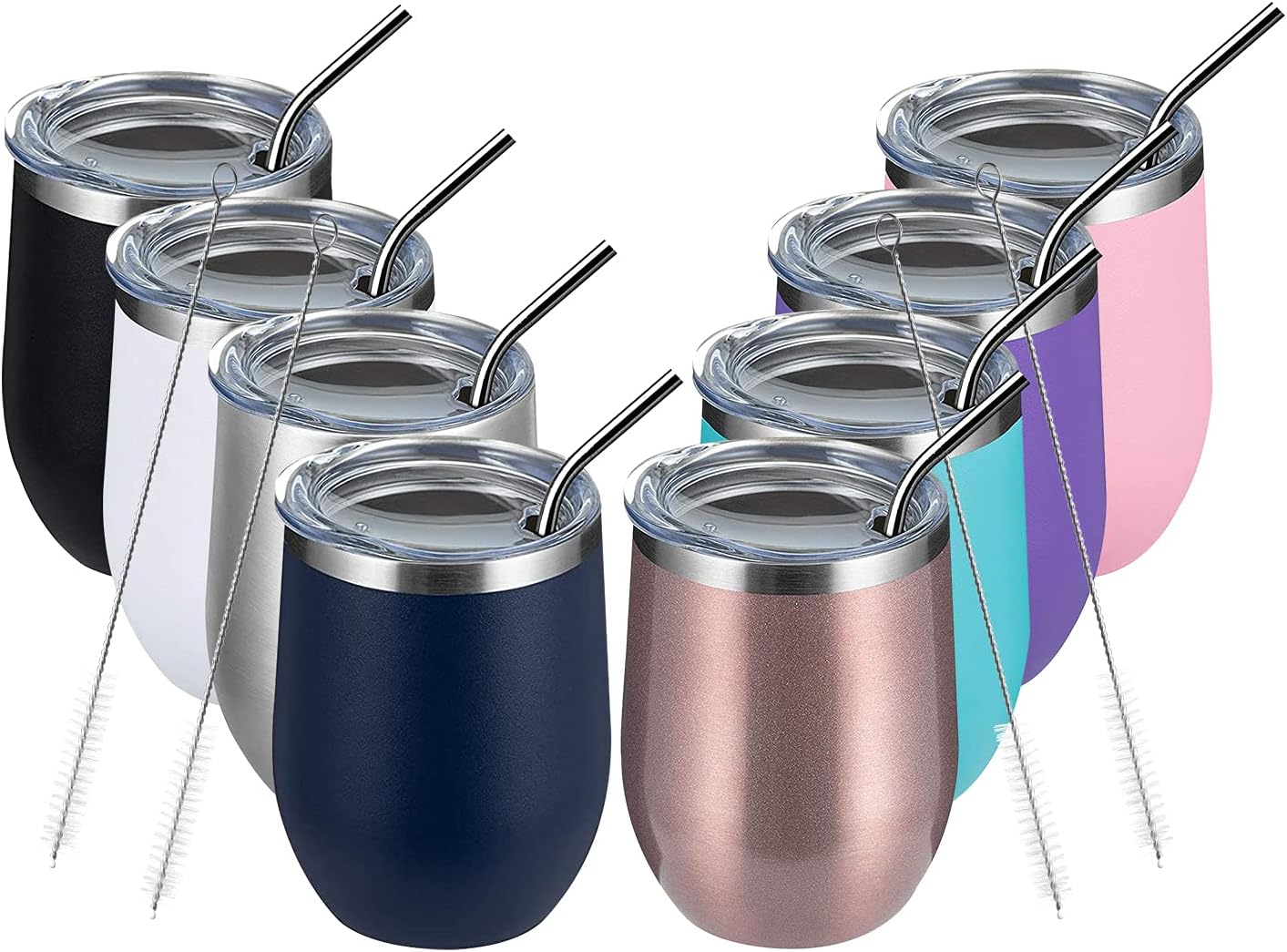 MEWAY 12oz Wine Tumbler Set of 8 - Insulated Travel Mugs