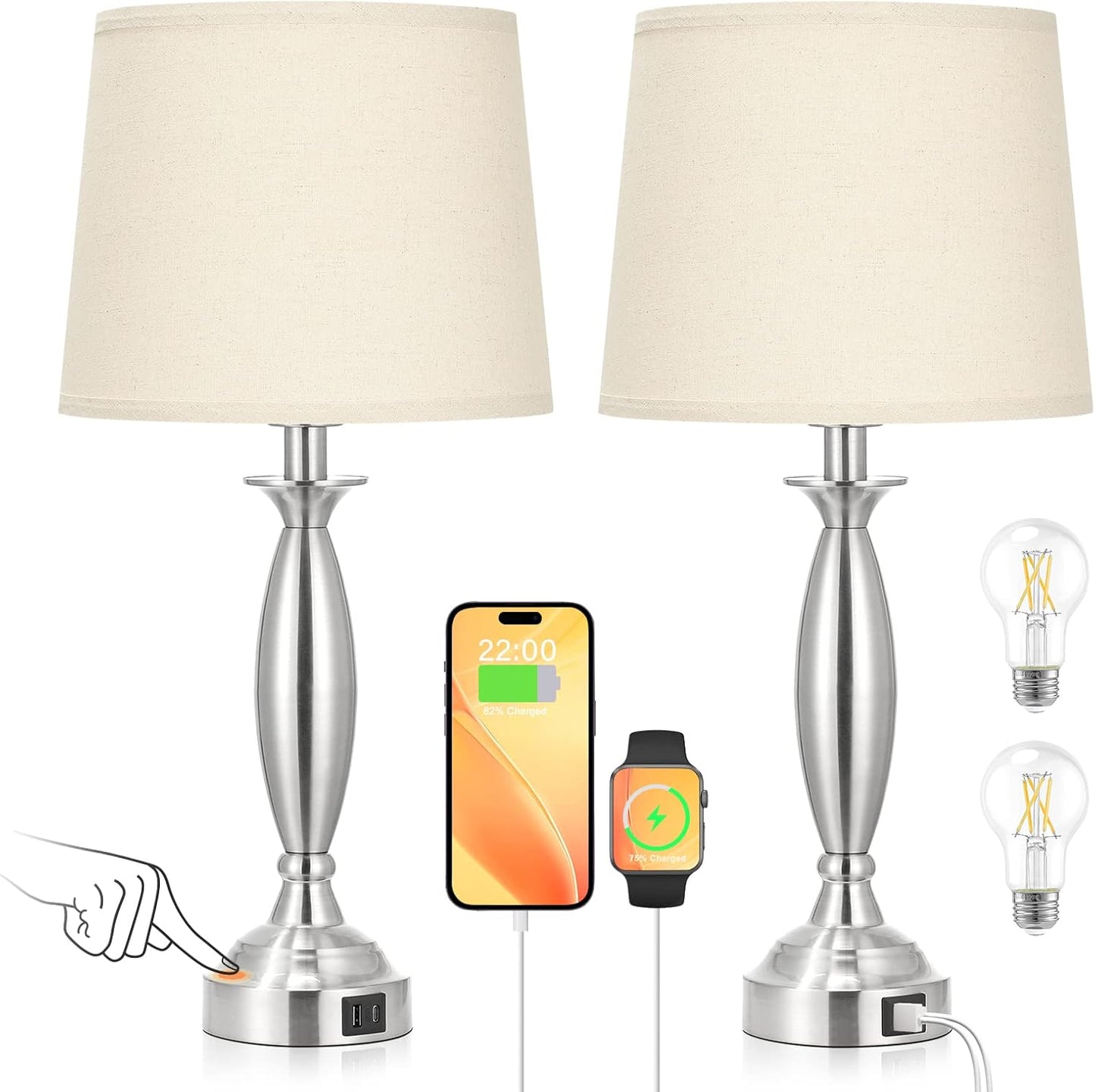 Beige Touch Control Lamps for Bedrooms Set of 2 with USB Ports