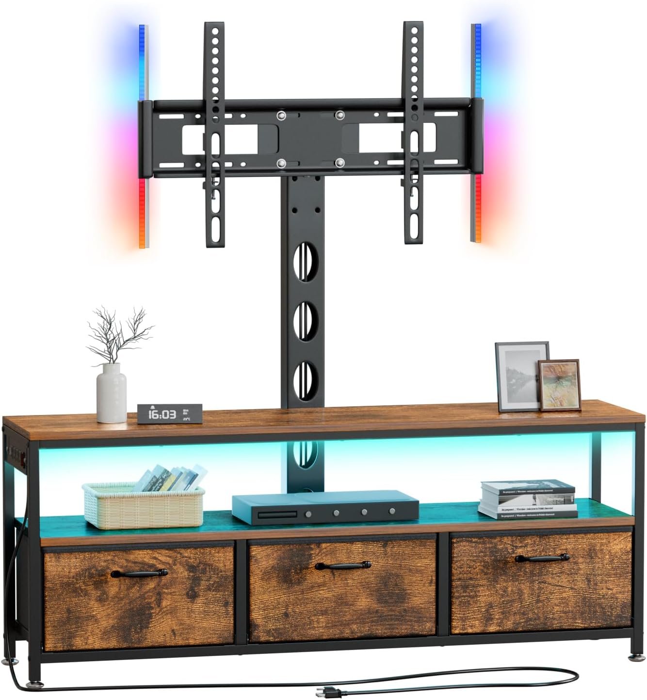 JustOGO TV Stand: Height Adjustable, LED, Rustic