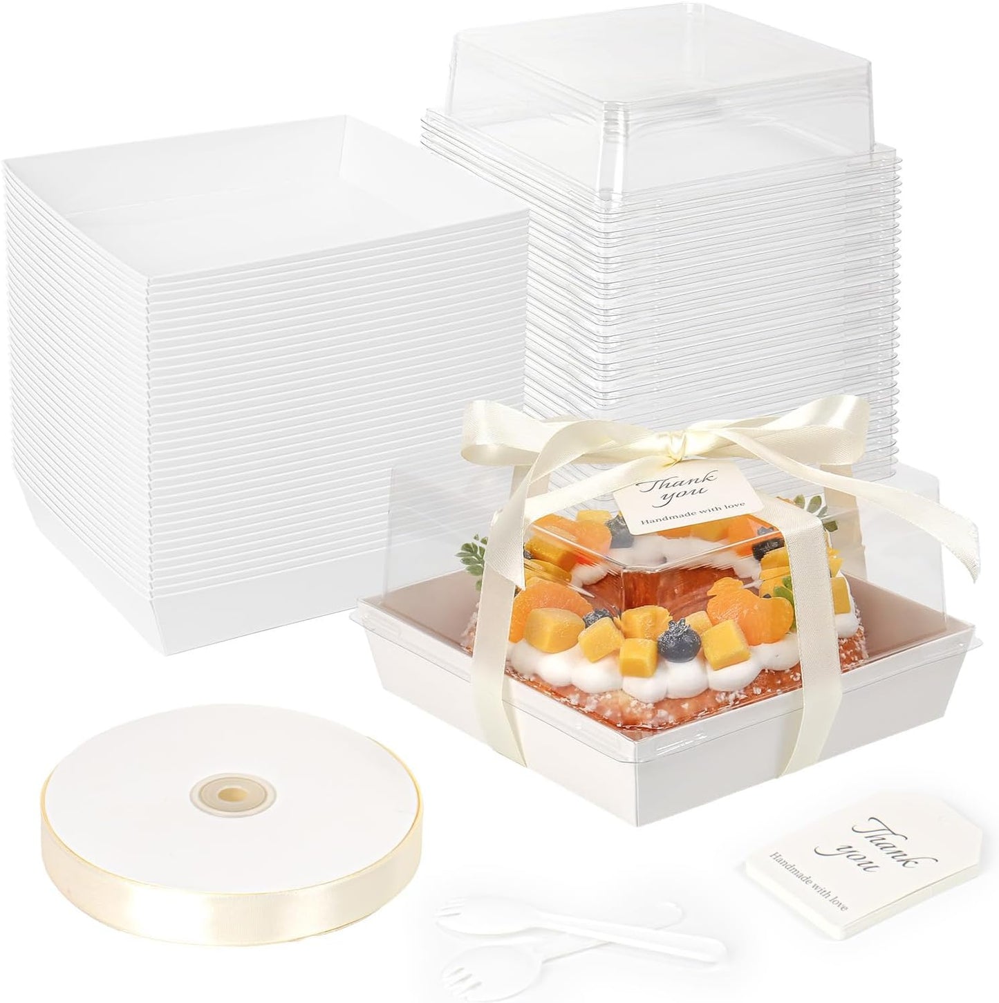 7 x 7 x 4 Inches Paper Cake Boxes with Clear Lids, 50 Pack