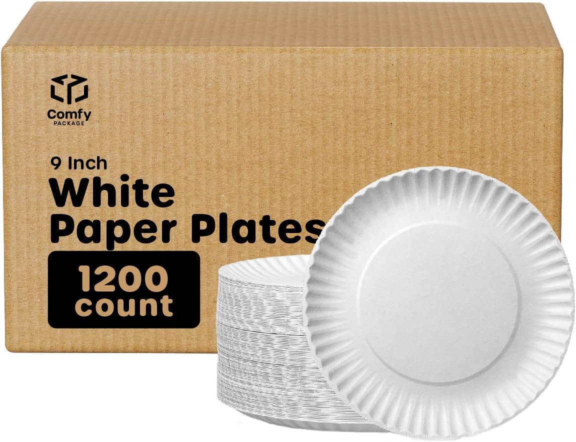 GUSTO 9 Inch Uncoated White Paper Plates for Eco-Friendly Use