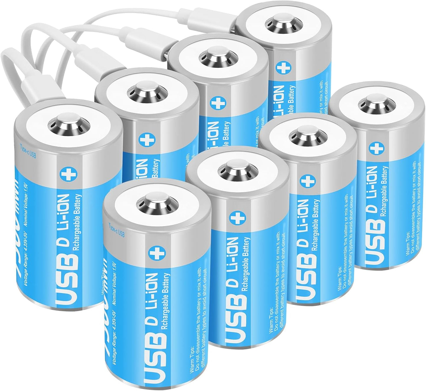 Rechargeable Lithium D Batteries with USB-C Charge Cable - 8 Pack