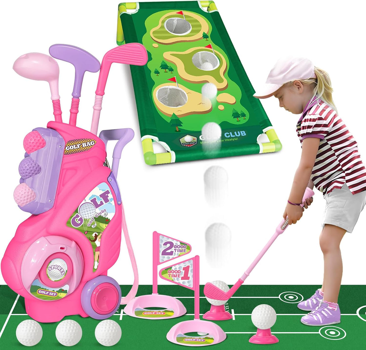 Pink Toddler Golf Set with Putting Mat & Cornhole - Fun Indoor/Outdoor Toys!