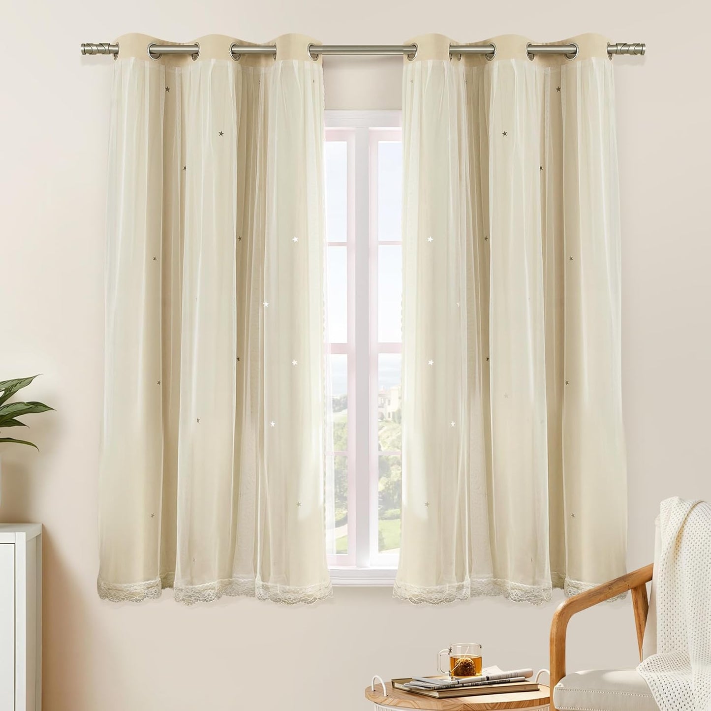 XiDi Beige Curtains with Sheer Overlay for Dreamy Bedrooms