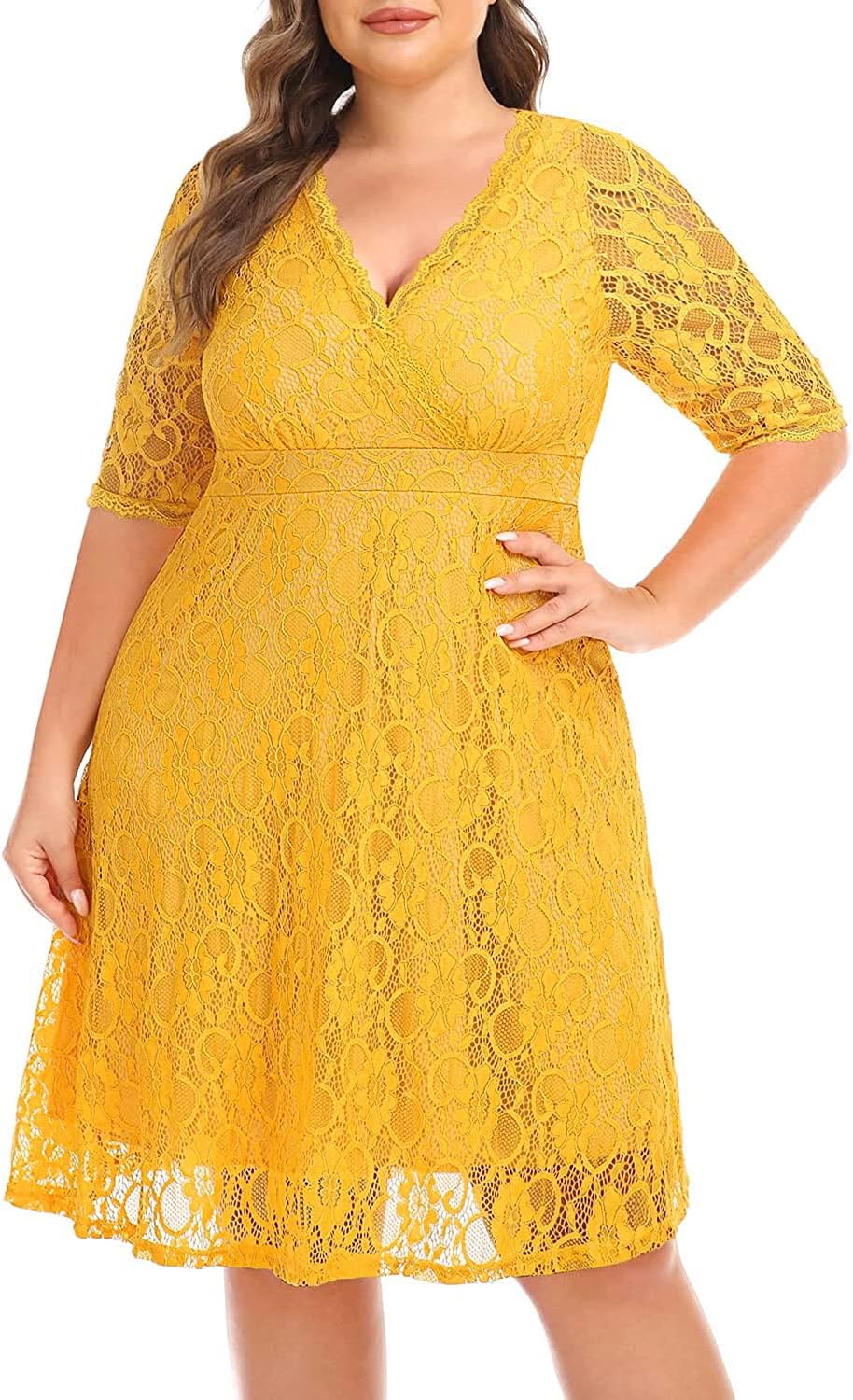 Plus Size Wedding Guest Cocktail Party Lace Wrap V Neck Dress