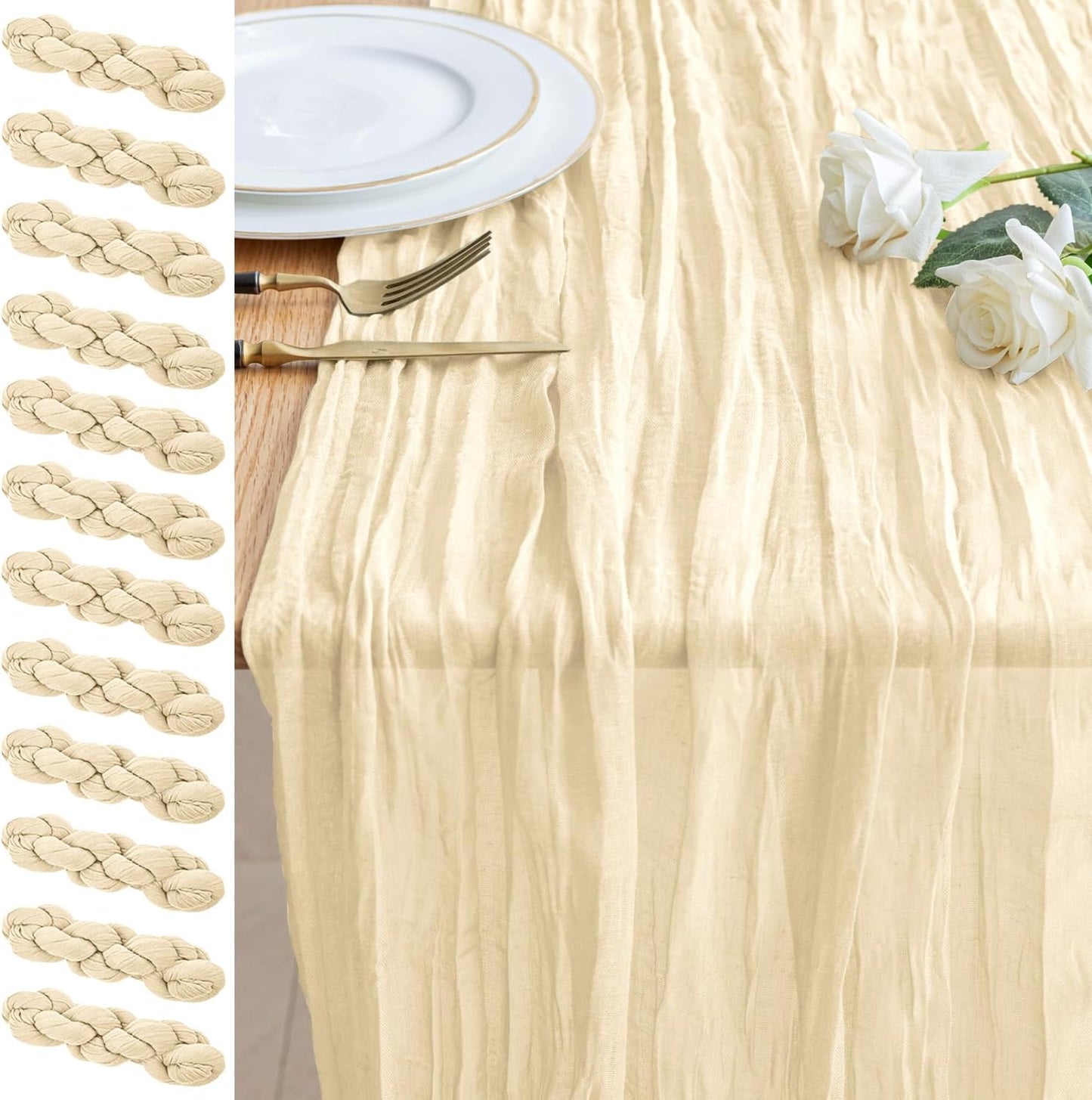 12PCS 10FT Beige Boho Cheesecloth Table Runner for Events