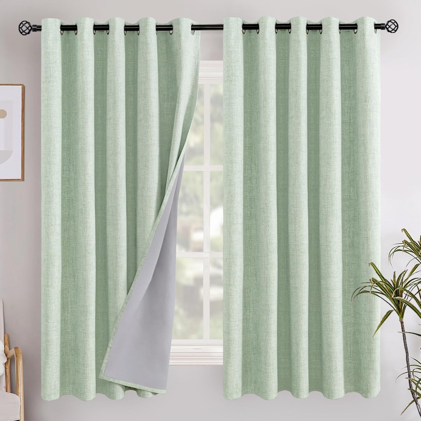 Sage Green Linen Blackout Curtains for Bedroom and Living Room