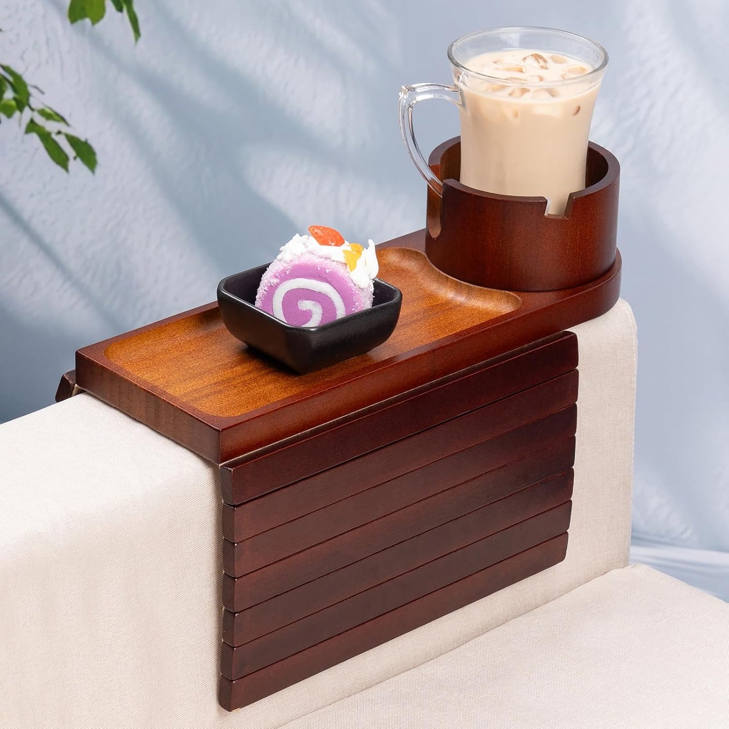 TOMLYOP Couch Cup Holder Tray: 3 in 1 Bamboo Arm Rest